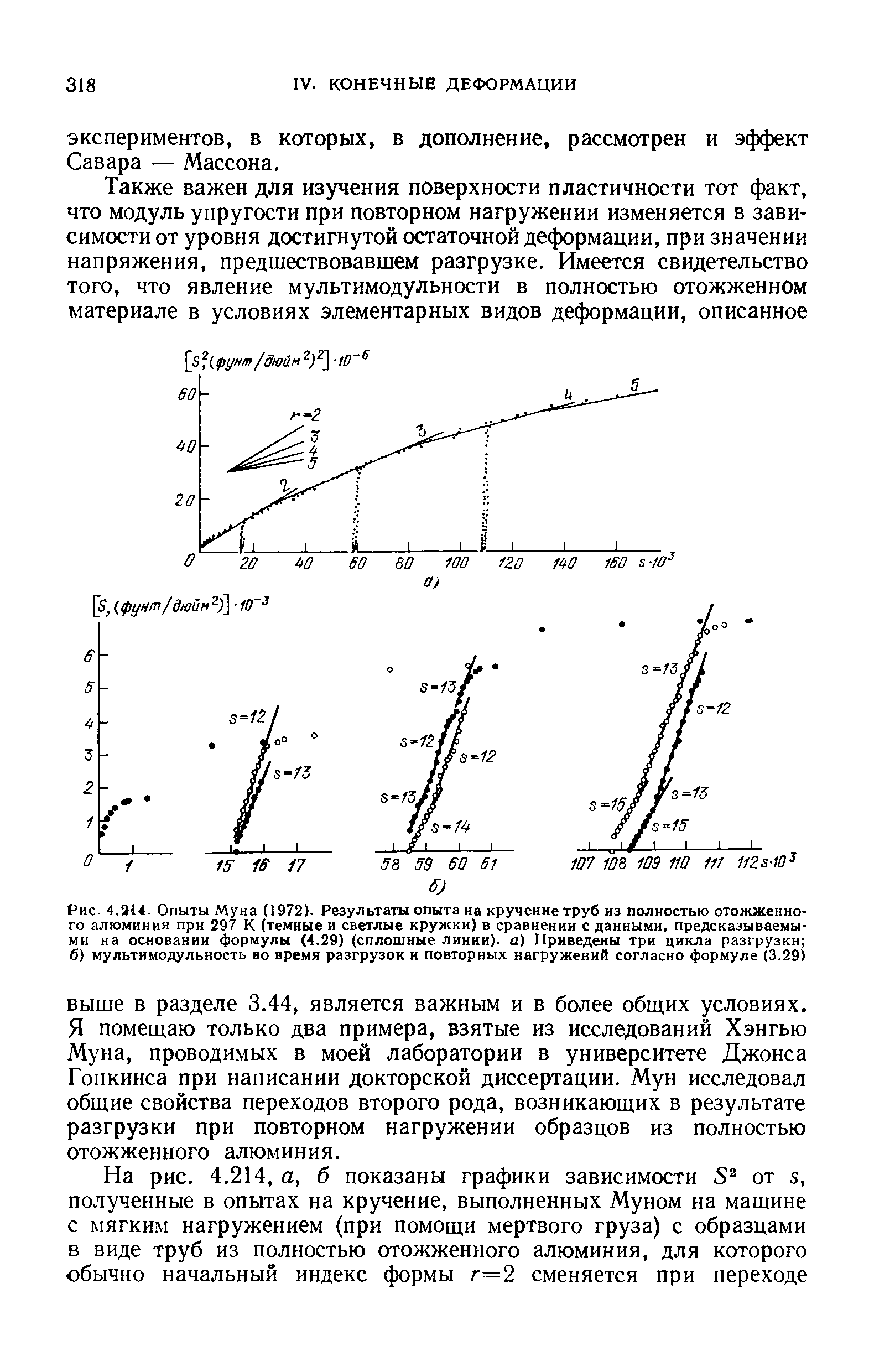 Рис. 4.314. Опыты Муна (1972). Результаты опыта на <a href="/info/247900">кручение труб</a> из полностью отожженного алюминия при 297 К (темные и светлые кружки) в сравнении с данными, предсказываемыми на основании формулы (4.29) (<a href="/info/232485">сплошные линии</a>), а) Приведены три цикла разгрузки б) мультимодульность во время разгрузок и <a href="/info/39301">повторных нагружений</a> согласно формуле (3.29)
