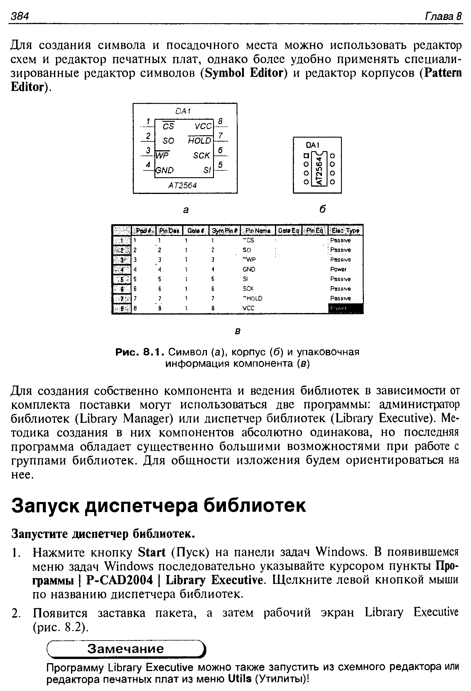 Рис. 8.1. Символ (a), корпус (б) и упаковочная информация компонента (в)
