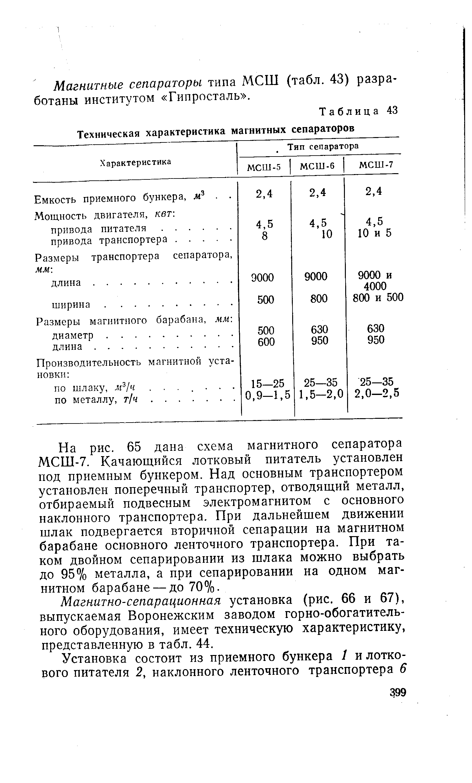 Таблица 43 Техническая <a href="/info/400406">характеристика магнитных</a> сепараторов
