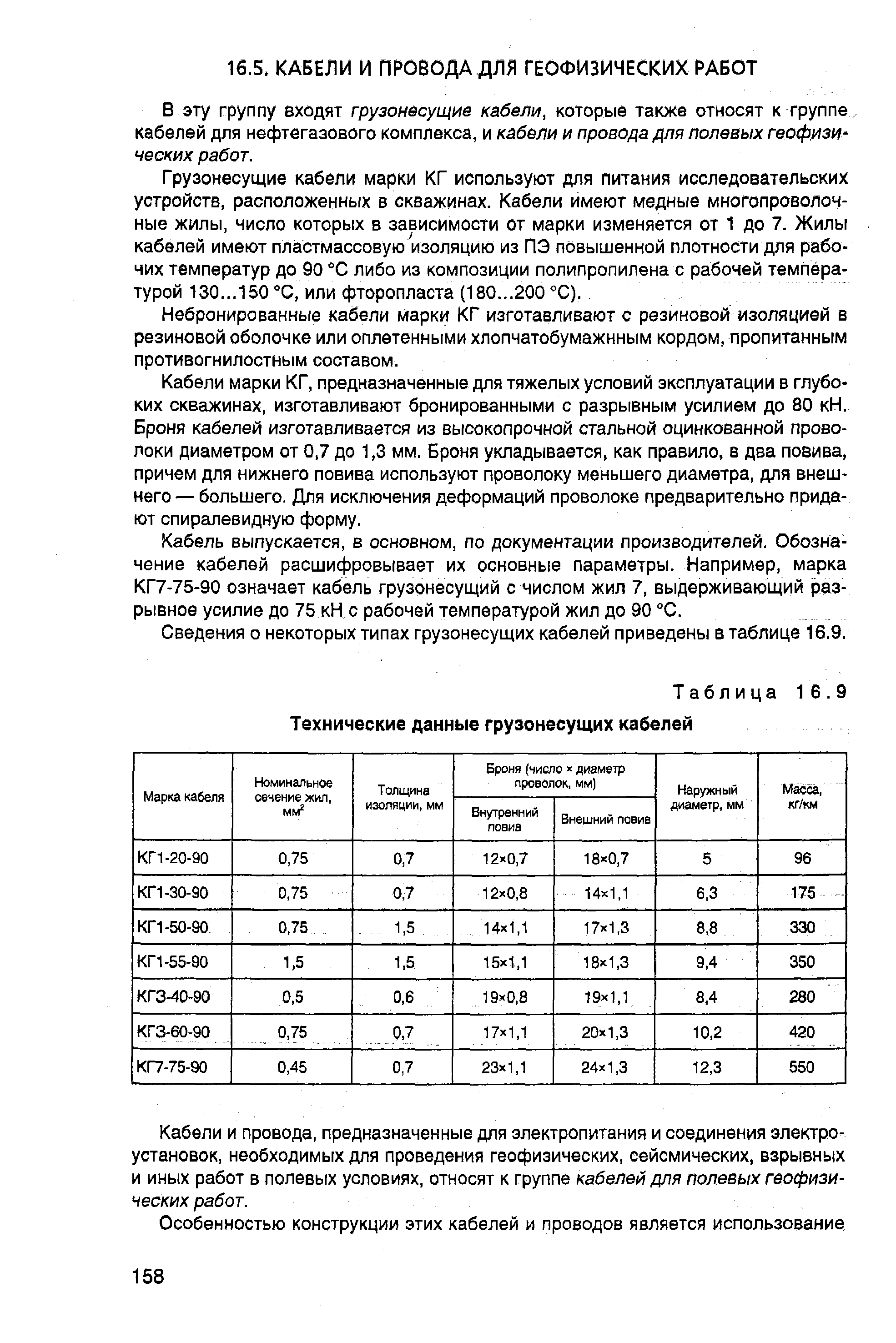 Таблица 16.9 Технические данные грузонесущих кабелей
