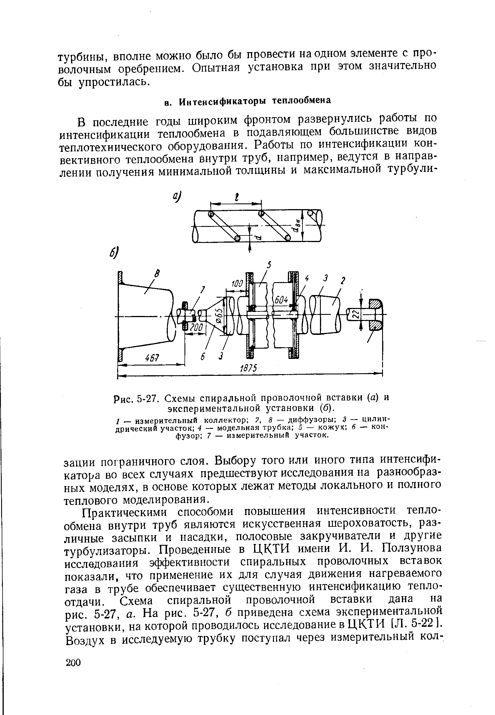 Рис. 5-27. Схемы спиральной проволочной вставки (а) и экспериментальной установки (б).
