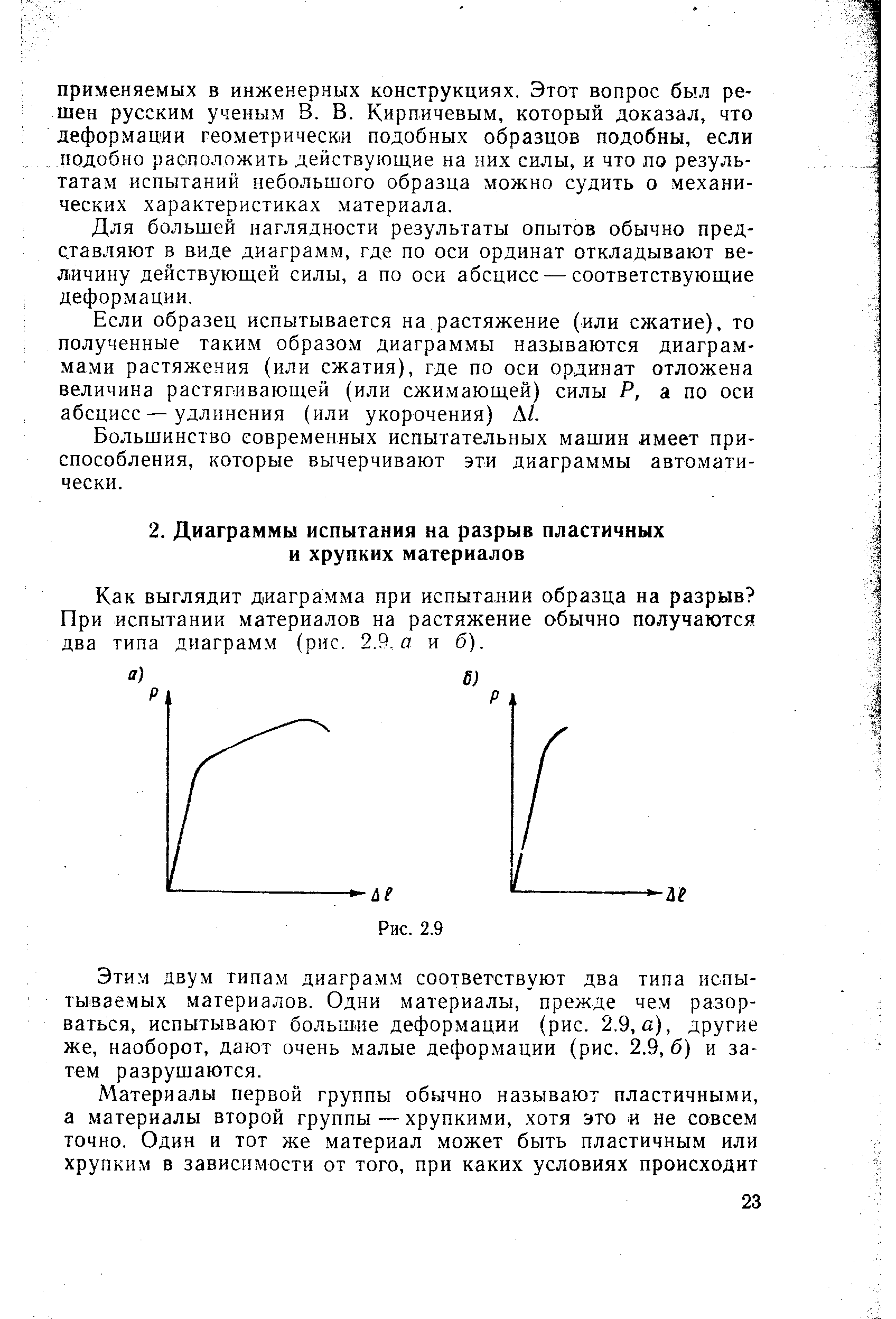 Как выглядит диаграмма при испытании образца на разрыв При испытании материалов на растяжение обычно получаются два типа диаграмм (рис. 2.9, о и б).
