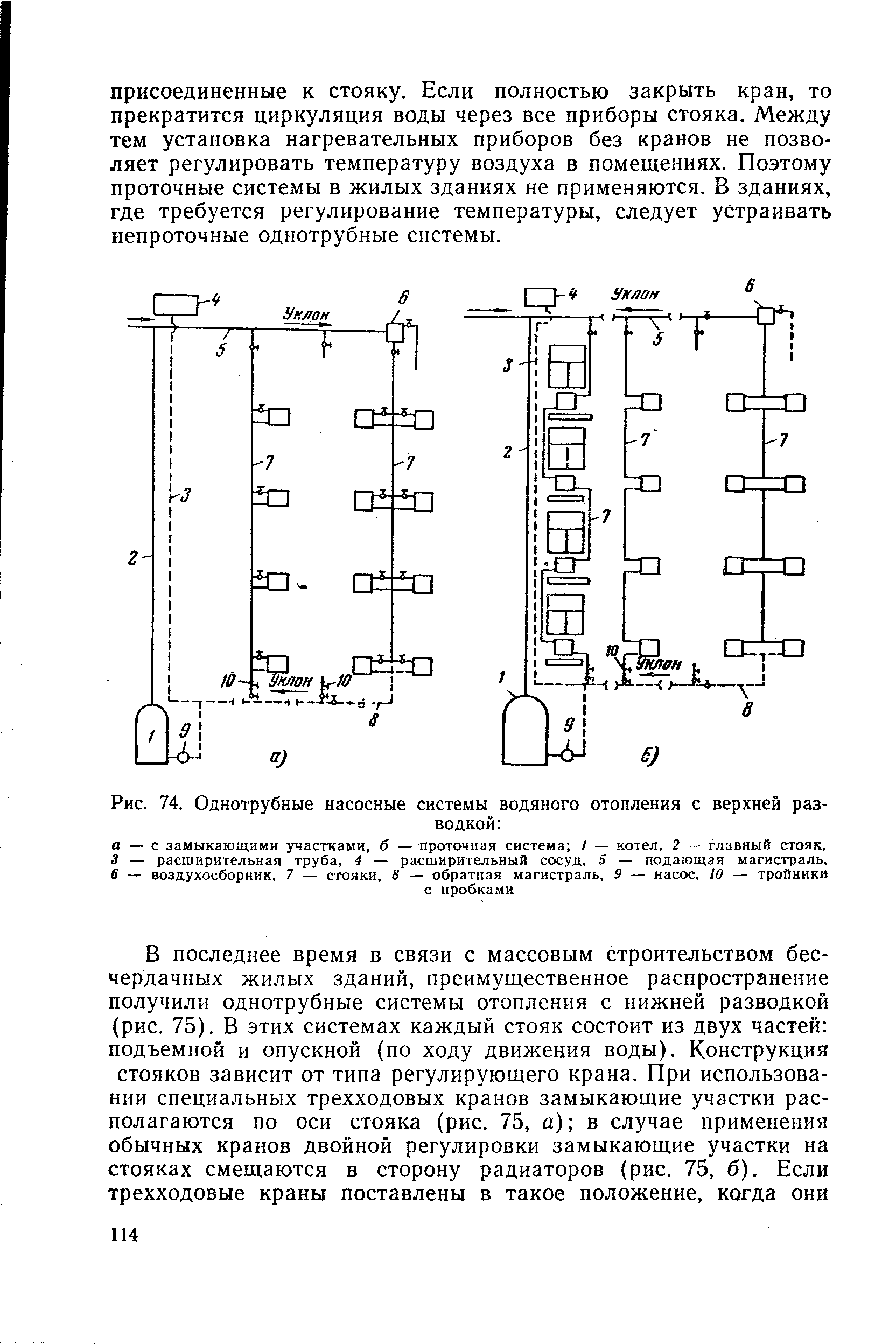 Рис. 74. Однотрубные насосные системы водяного отопления с верхней разводкой 
