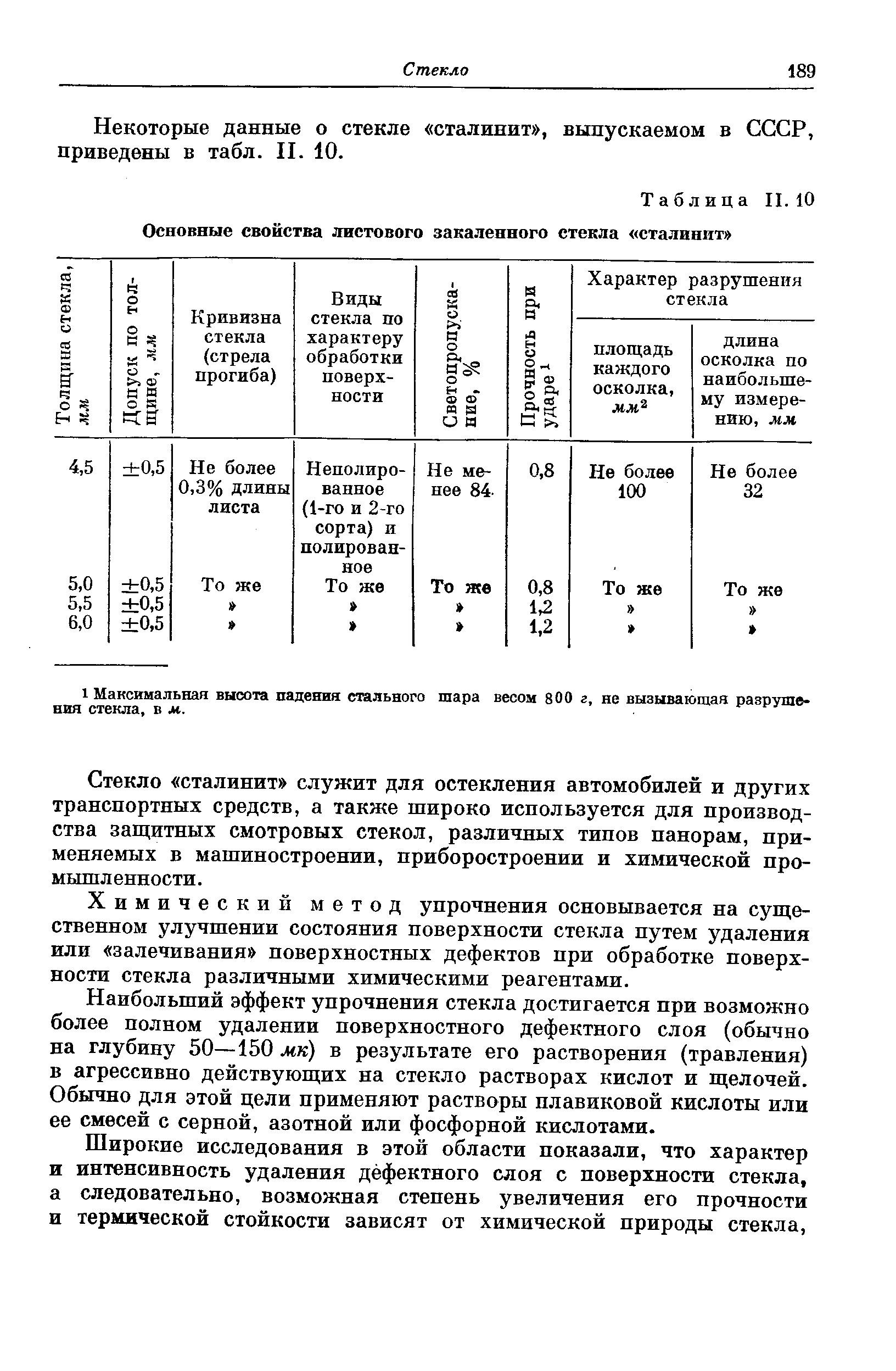 Таблица II. 10 <a href="/info/347408">Основные свойства</a> листового закаленного стекла сталинит 
