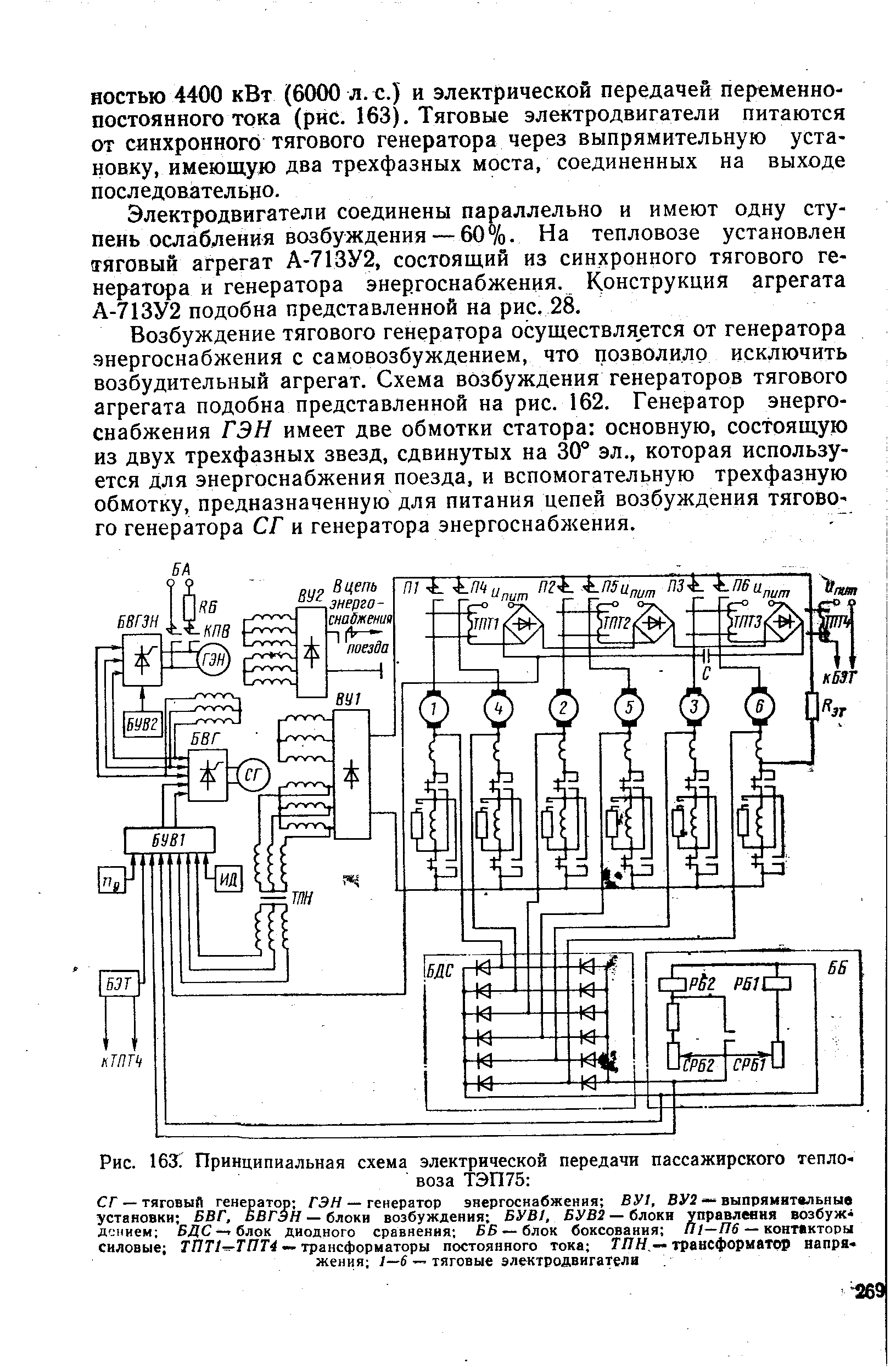 Рис. 163 Принципиальная схема электрической передачи пассажирского тепловоза ТЭП75 
