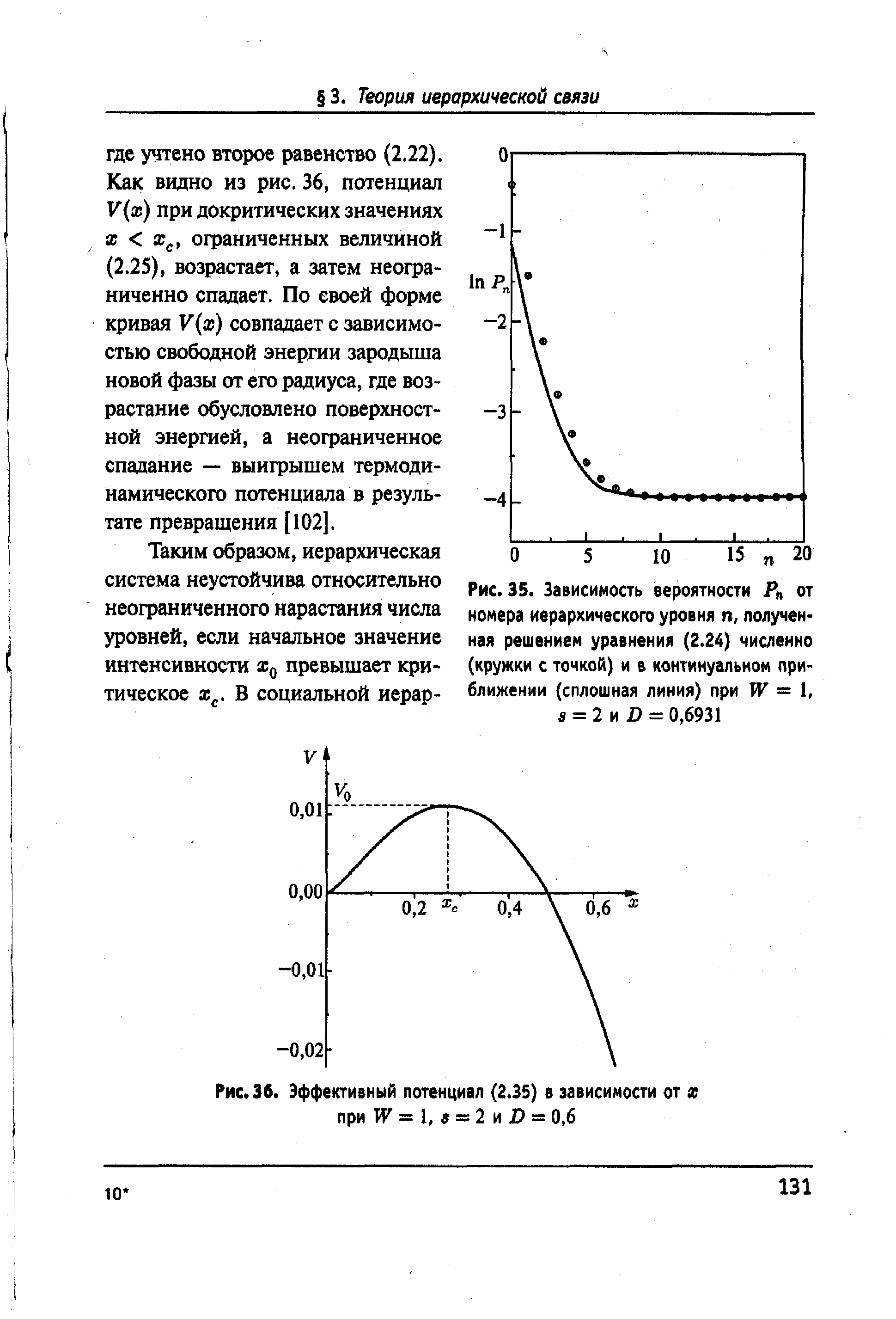 Рис. 35. Зависимоаь вероятности Р от номера иерархического уровня п, <a href="/info/744459">полученная решением</a> уравнения (2.24) численно (кружки с точкой) и в континуальном приближении (сплошная линия) при = I, s = 2 D = 0,6931
