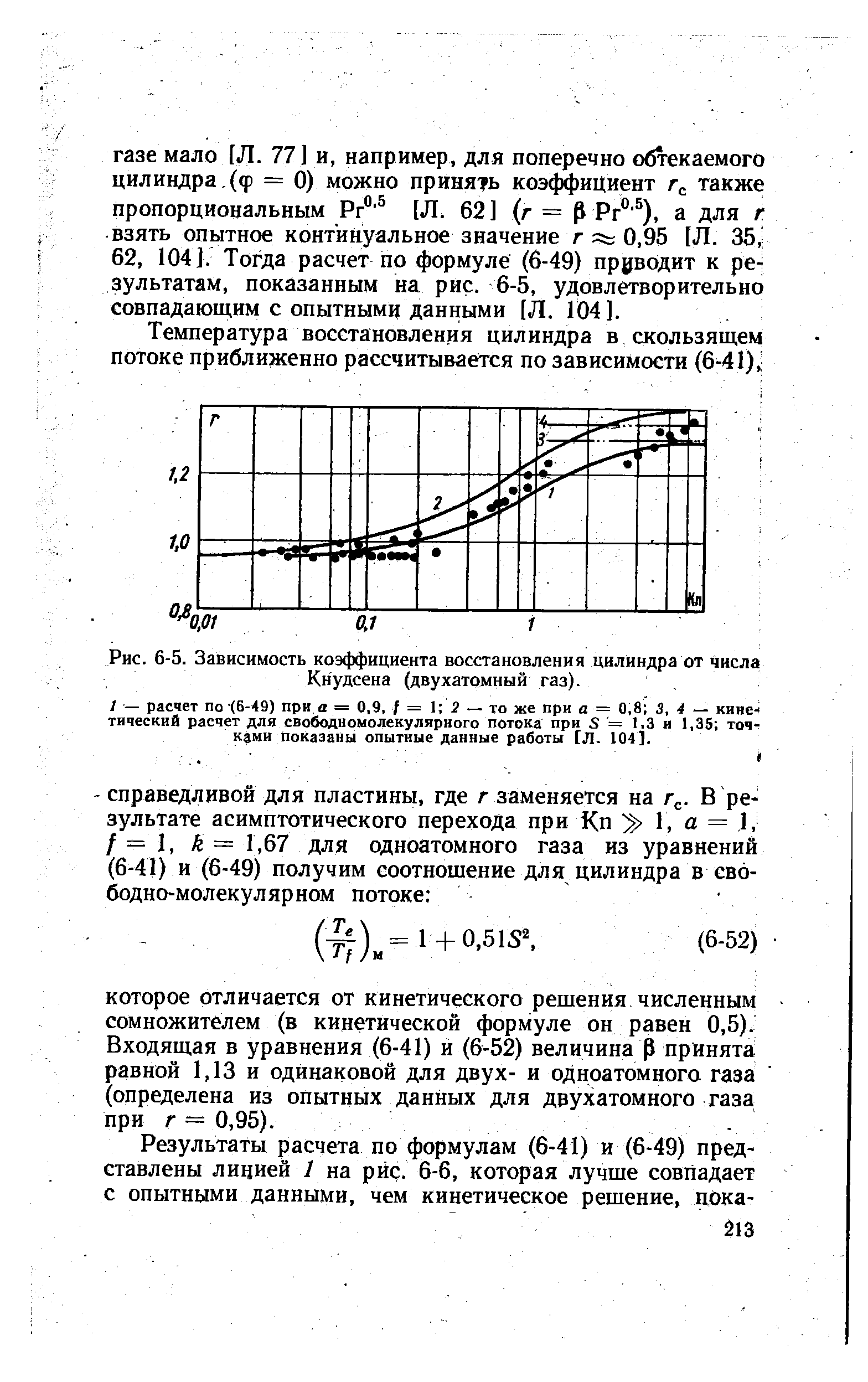 Рис. 6-5. Зависимость коэффициента восстановления цилиндра от Числа Кнудсена (двухатомный газ).
