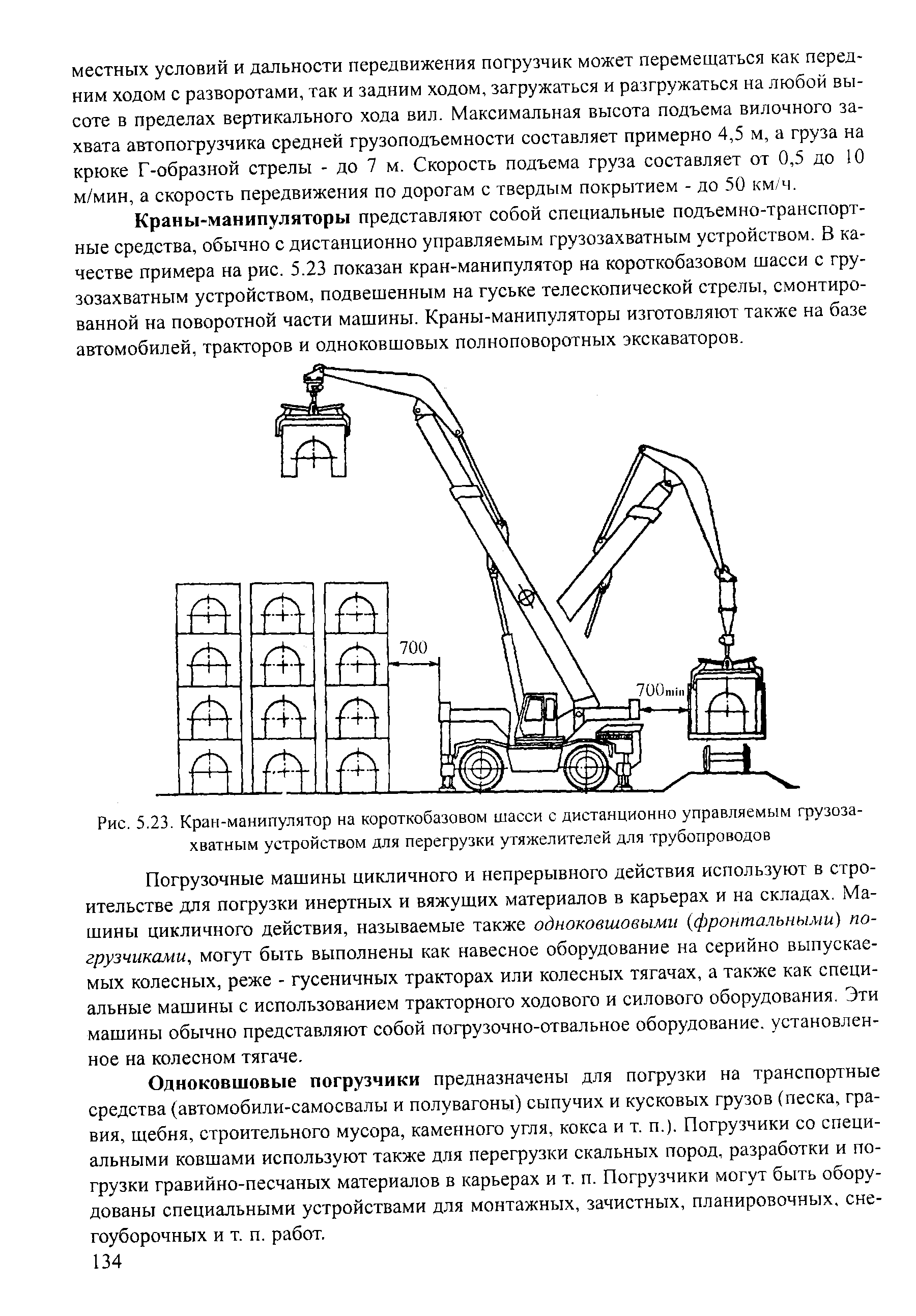 Рис. 5.23. Кран-манипулятор на короткобазовом шасси с дистанционно управляемым <a href="/info/119642">грузозахватным устройством</a> для перегрузки утяжелителей для трубопроводов
