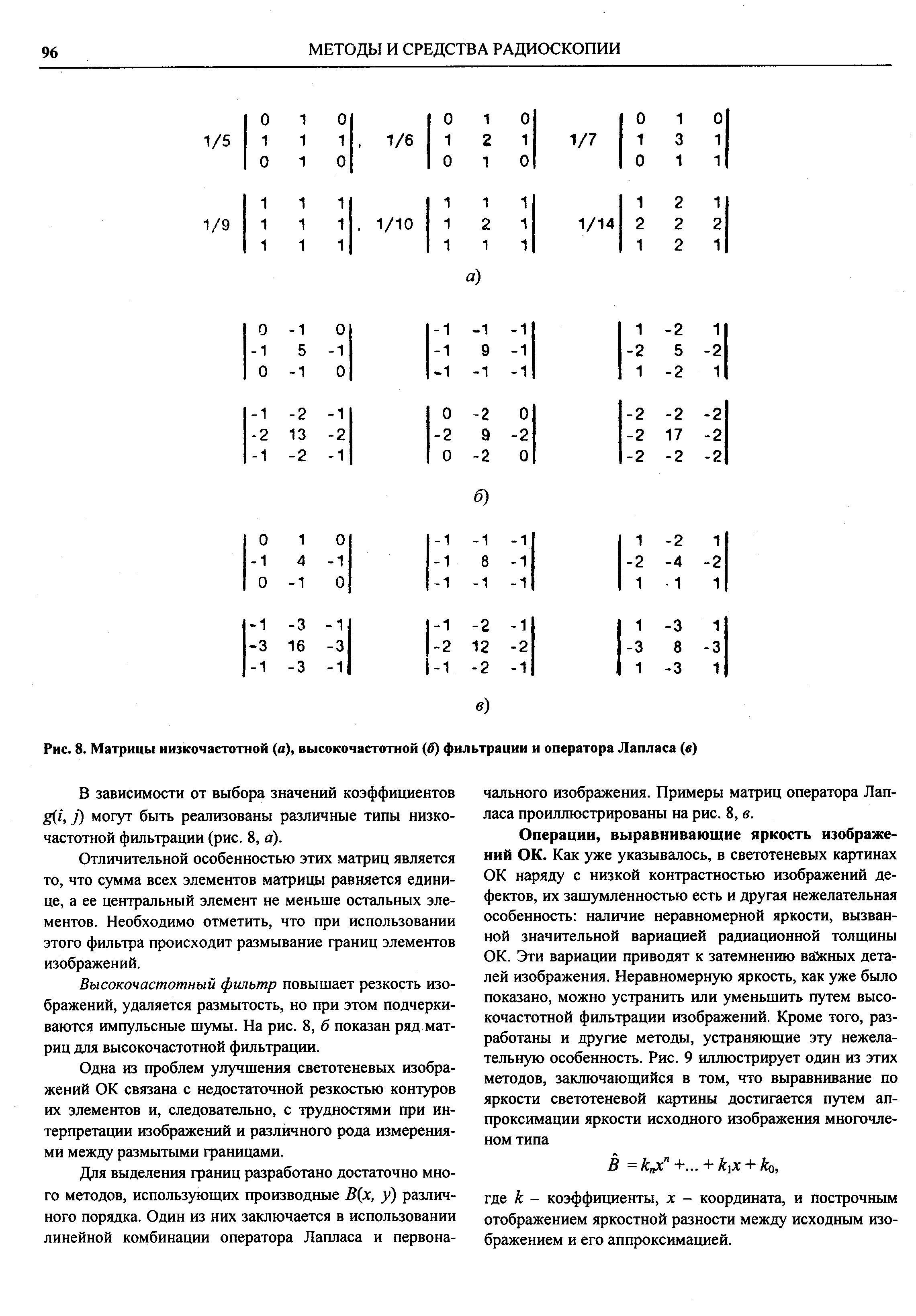 Рис. 8. Матрицы низкочастотной (а), высокочастотной (б) фильтрации и оператора Лапласа (в)
