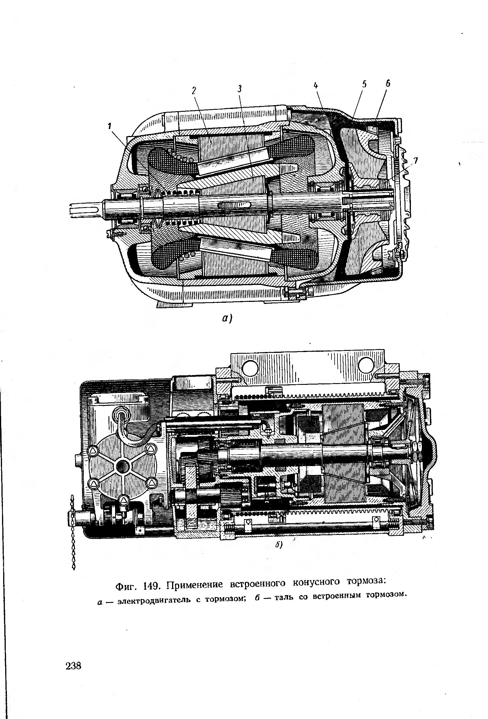 Фиг. 149. Применение встроенного конусного тормоза а — электродвигатель с тормозом б — таль со встроенным тормозом.
