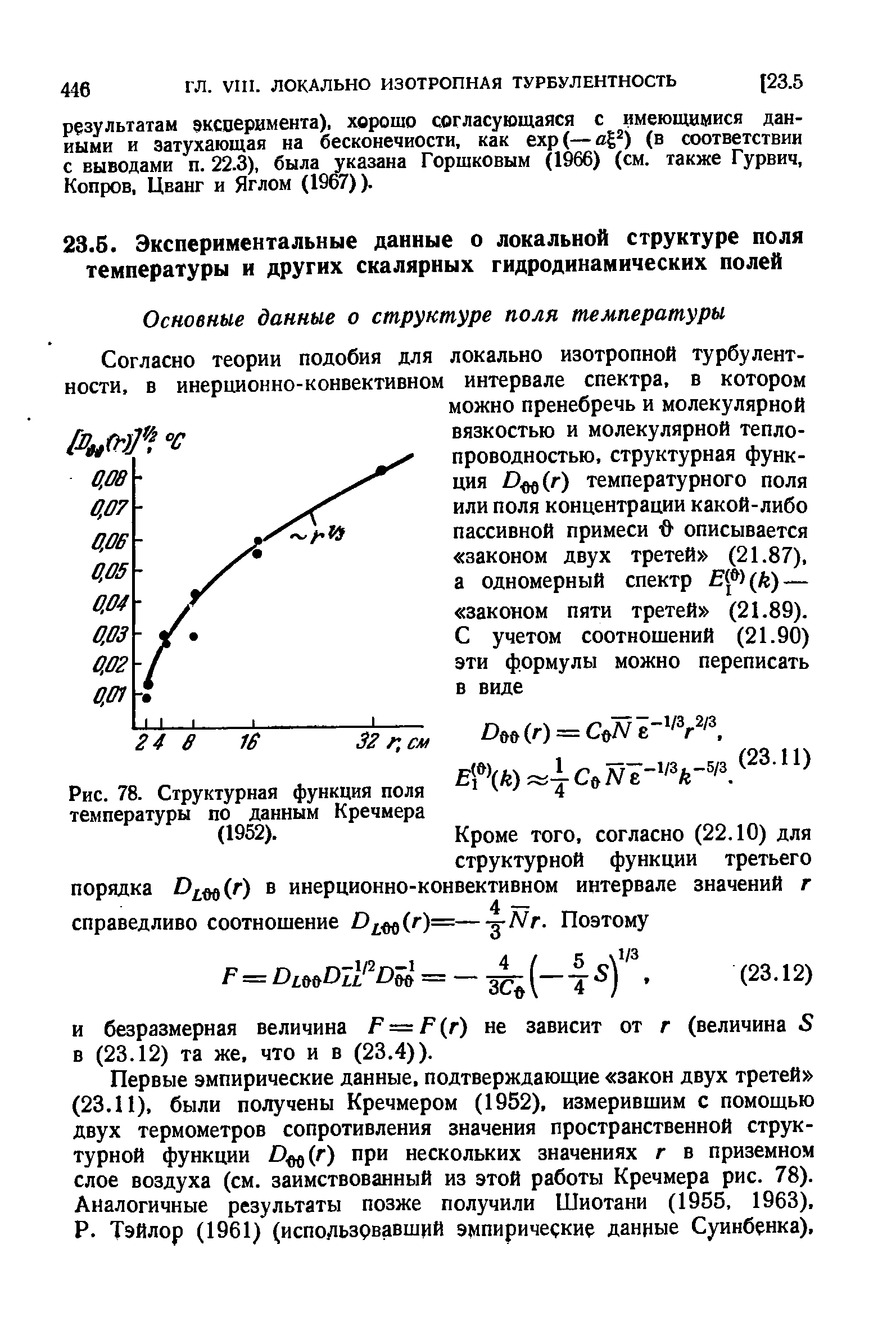 Рис. 78. <a href="/info/240024">Структурная функция</a> поля температуры по данным Кречмера (1952).
