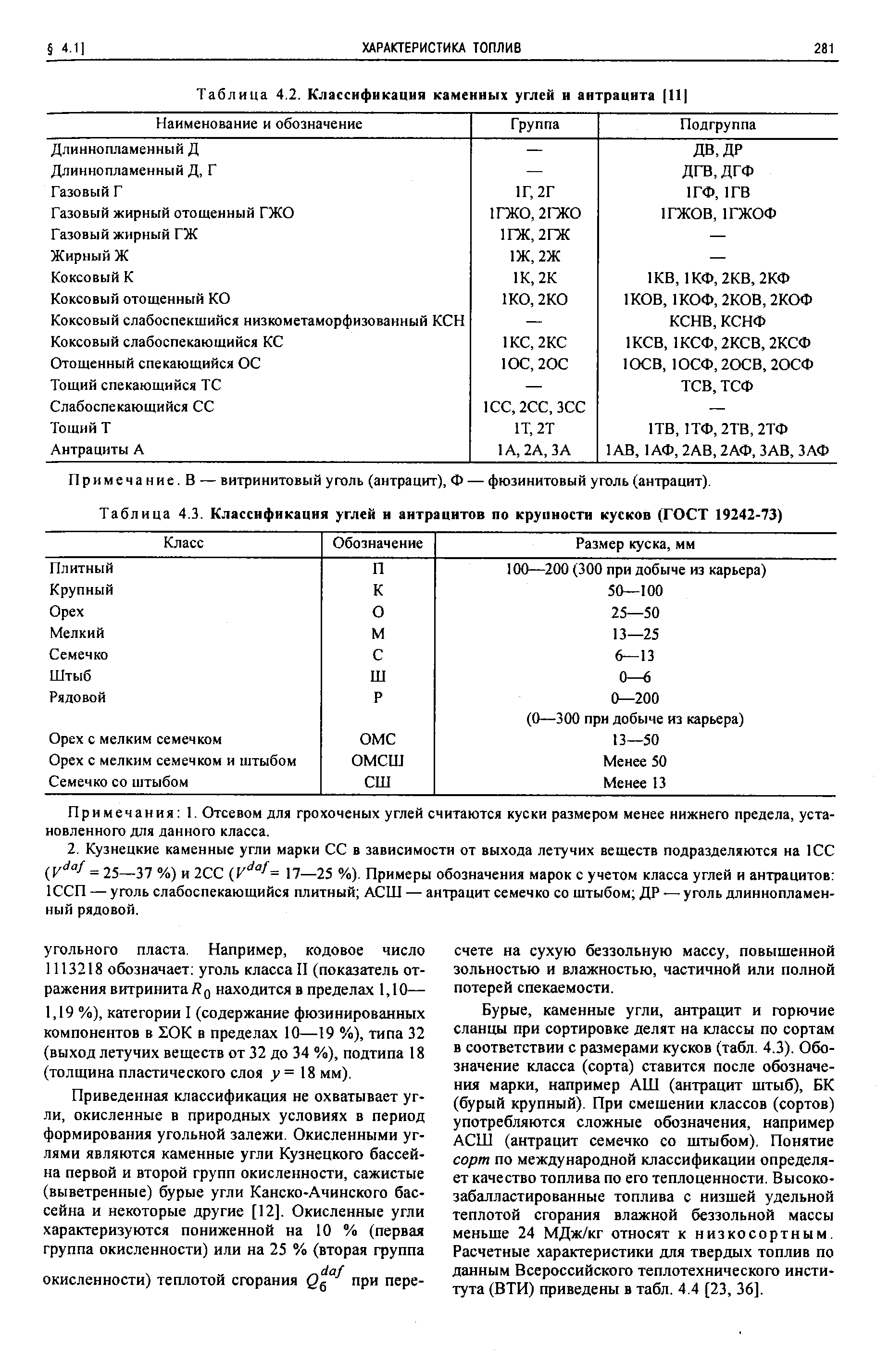Таблица 4.3. Классификация углей и антрацитов по крупности кусков (ГОСТ 19242-73)
