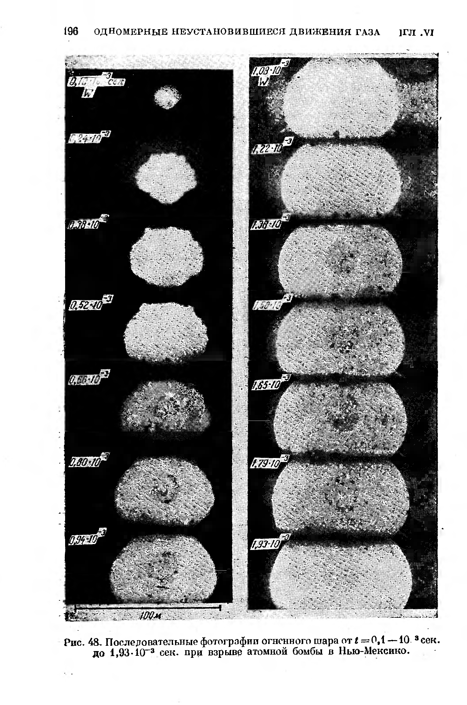 Рис. 48, Последовательные фотографии огненного шара от < = 0,1 —10 сек. до 1,93-10 сек. при взрыве атомной бомбы в Нью-Мексико.
