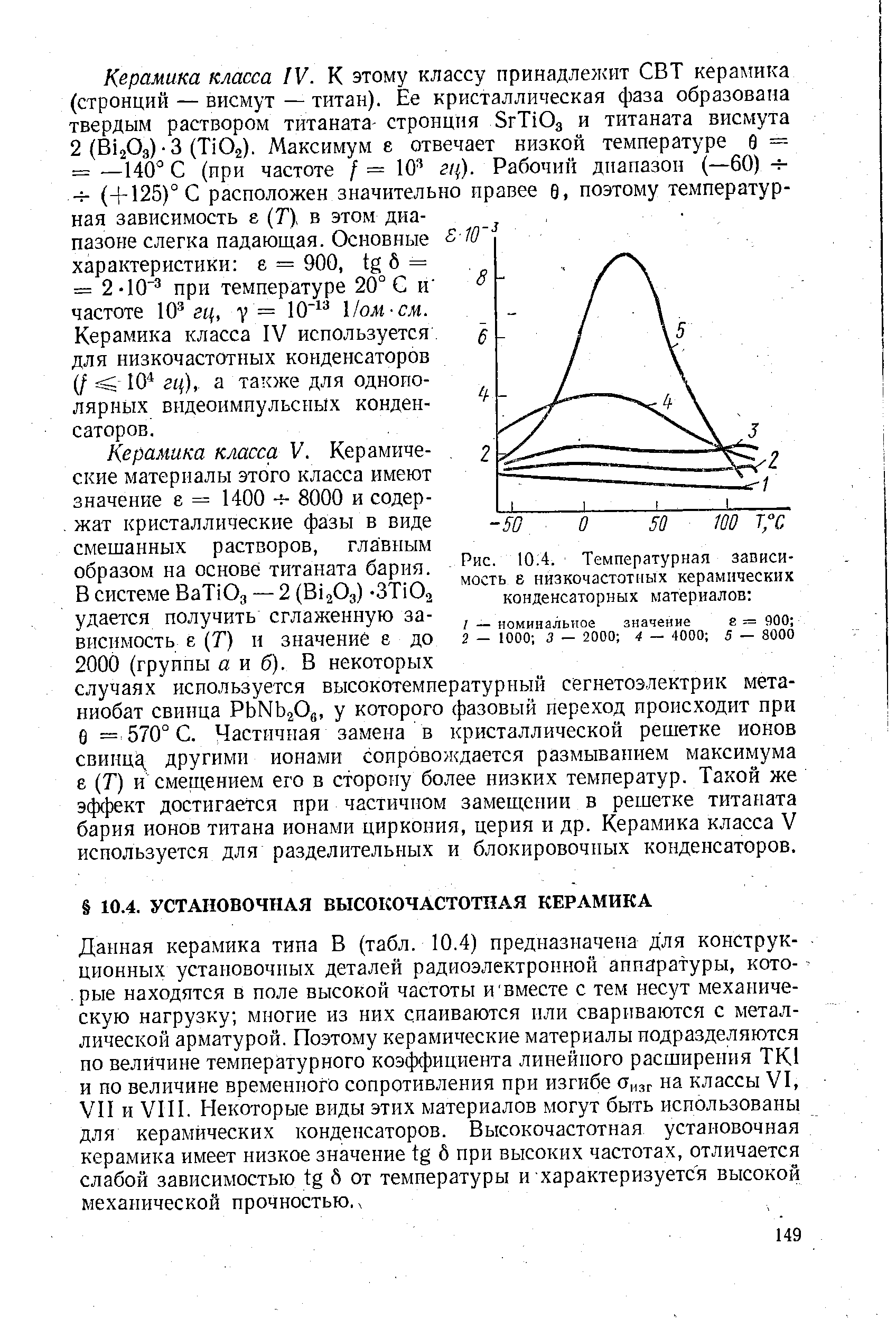 Рис. 10 4. <a href="/info/191882">Температурная зависимость</a> е низкочастотных керамических конденсаторных материалов 
