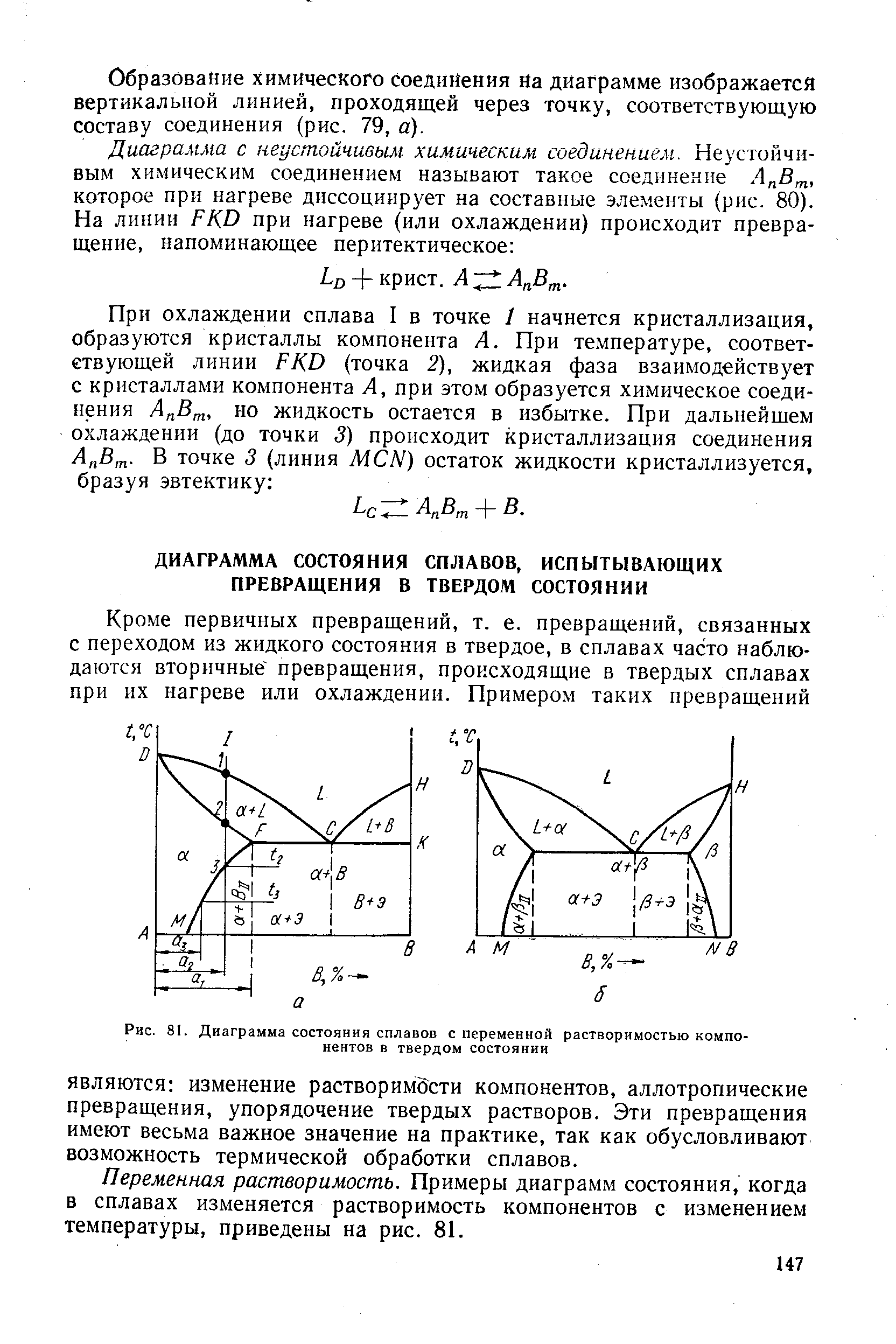 Переменная растворимость. Примеры диаграмм состояния, когда в сплавах изменяется растворимость компонентов с изменением температуры, приведены на рис. 81.
