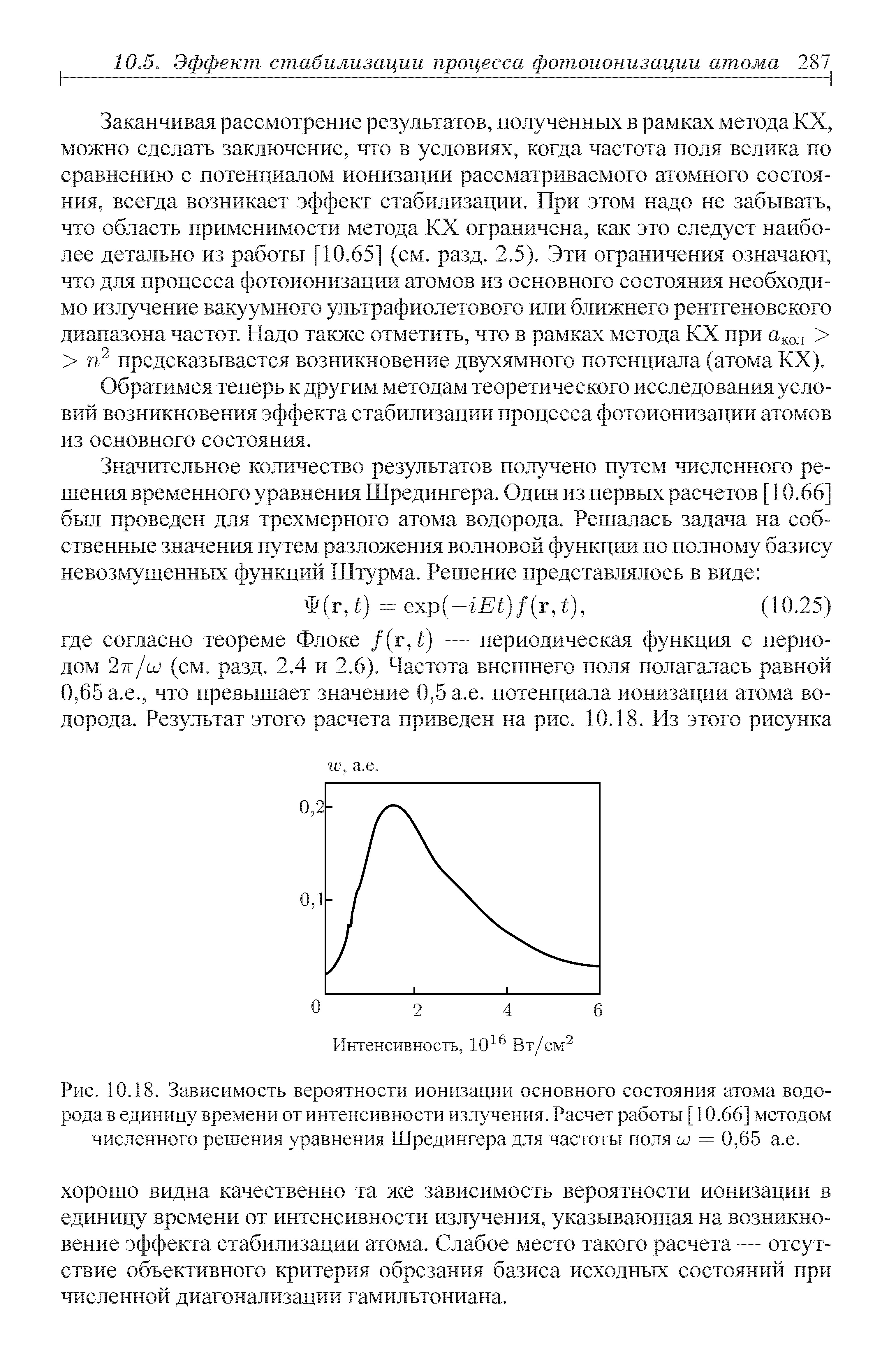 Рис. 10.18. Зависимость вероятности ионизации <a href="/info/12627">основного состояния</a> атома водорода в единицу времени от <a href="/info/18861">интенсивности излучения</a>. Расчет работы [ 10.66] <a href="/info/21719">методом численного решения уравнения</a> Шредингера для частоты поля и) = 0,65 а.е.
