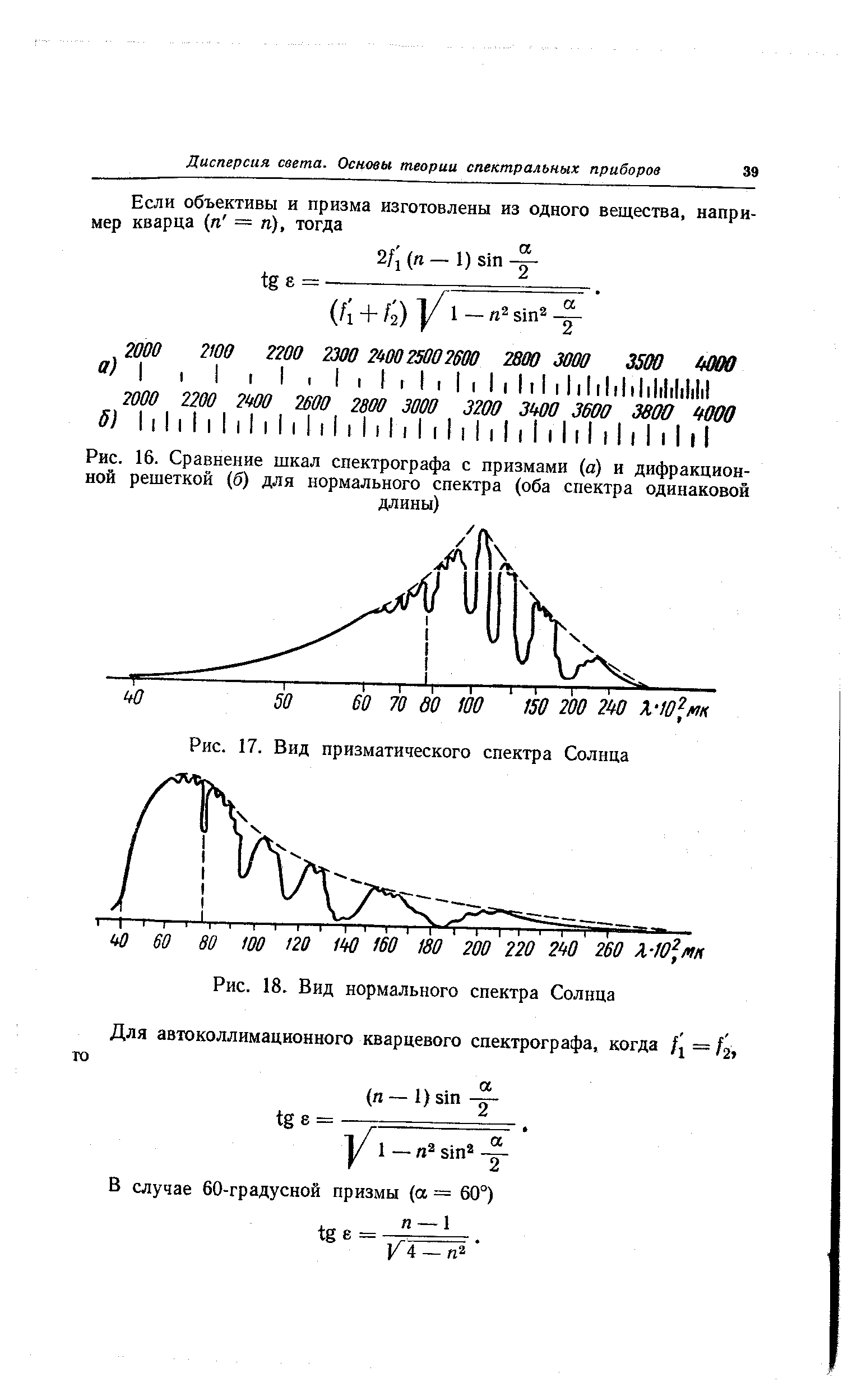 Рис. 16. Сравнение шкал спектрографа с призмами (а) и <a href="/info/10099">дифракционной решеткой</a> (б) для <a href="/info/368888">нормального спектра</a> (оба спектра одинаковой

