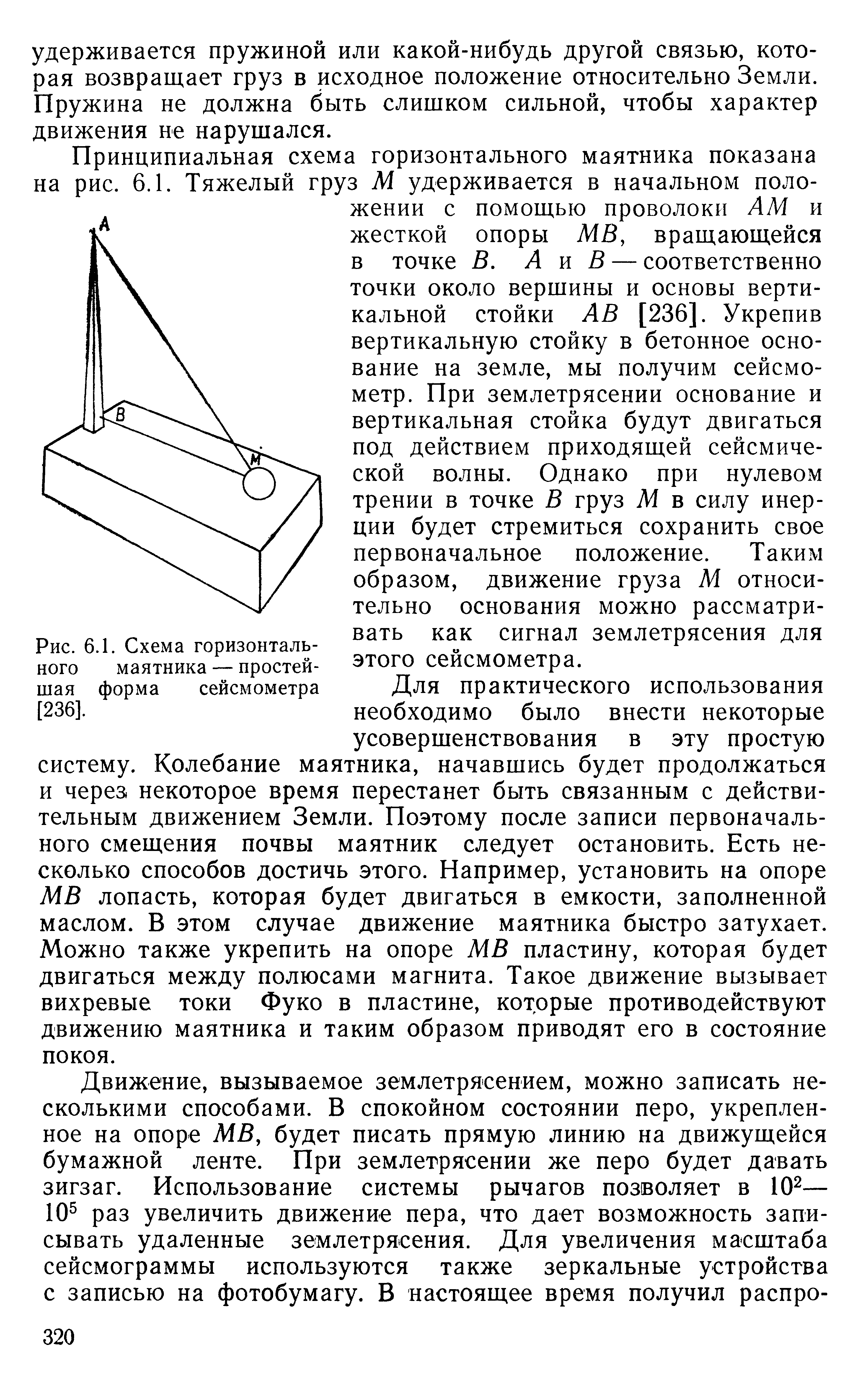 Рис. 6.1. Схема горизонтального маятника — простейшая форма сейсмометра [236].
