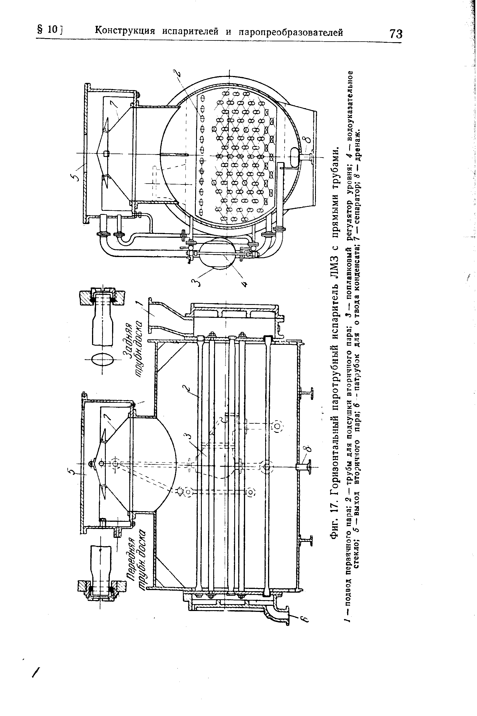 Фиг. 17. Горизонтальный паротрубный испаритель ЛМЗ с прямыми трубами.
