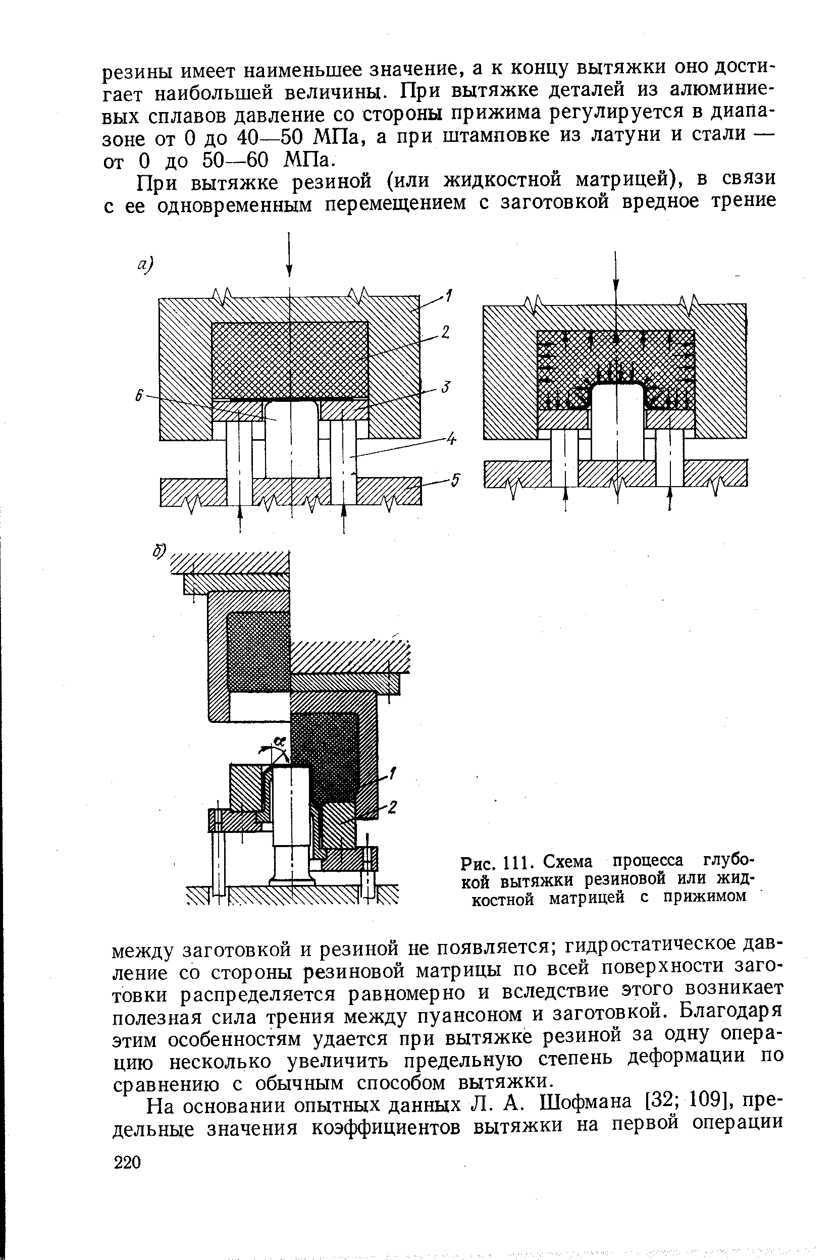 Рис. 111. Схема процесса глубокой вытяжки резиновой или жидкостной матрицей с прижимом
