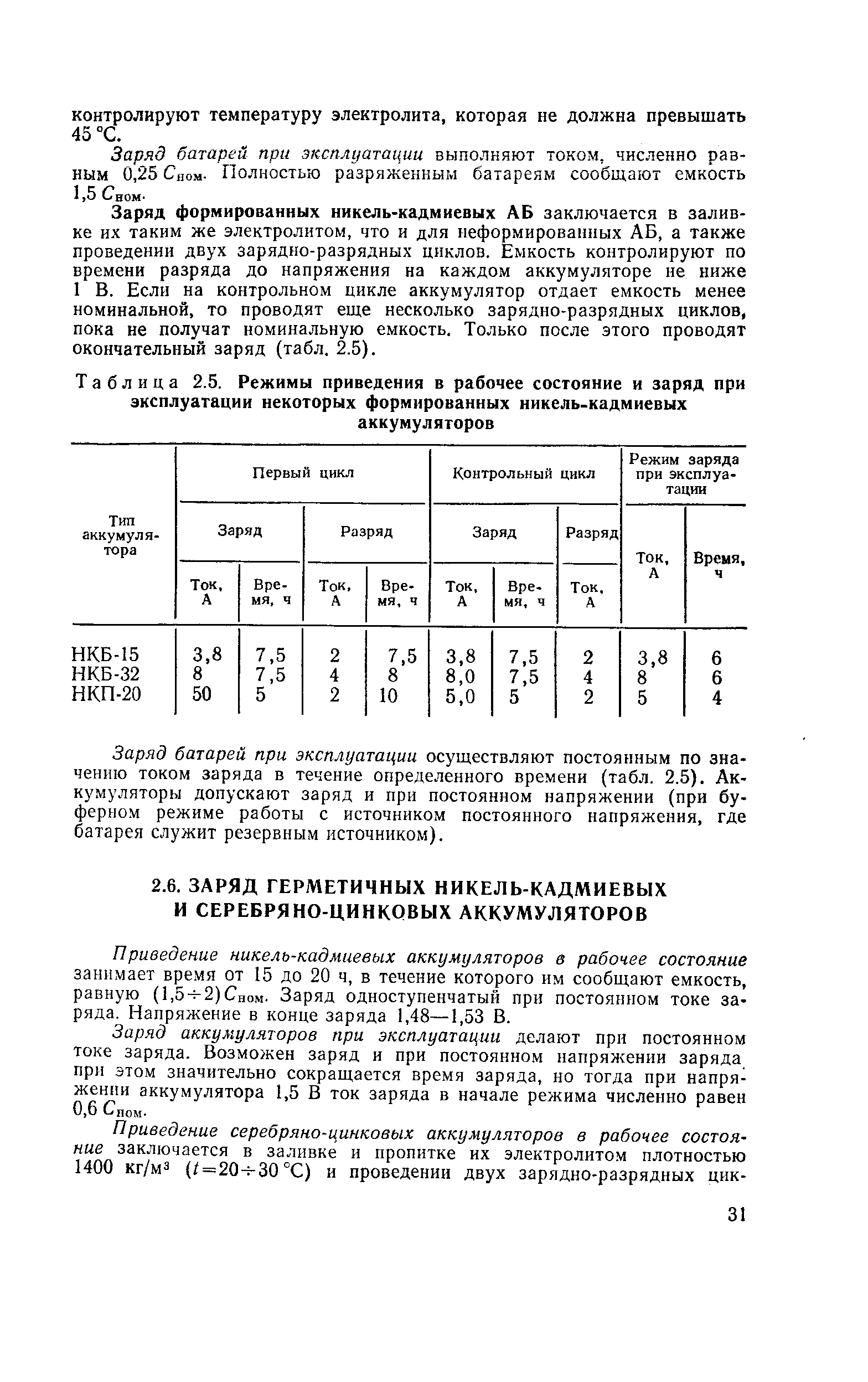Таблица 2.5. Режимы приведения в рабочее состояние и заряд при эксплуатации некоторых формированных никель-кадмиевых аккумуляторов
