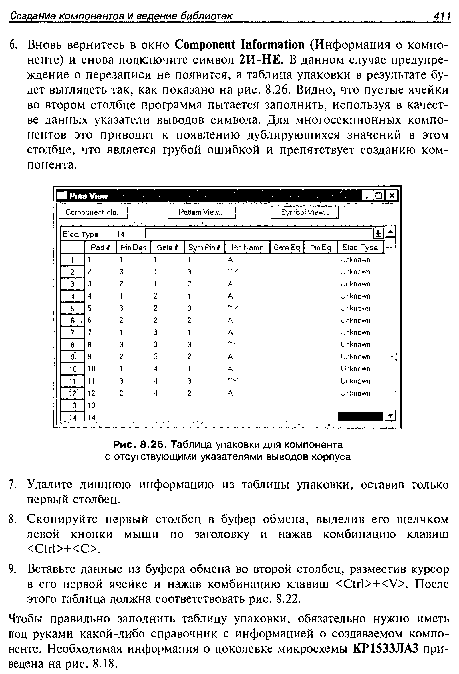 Рис. 8.26. Таблица упаковки для компонента с отсутствующими указателями выводов корпуса
