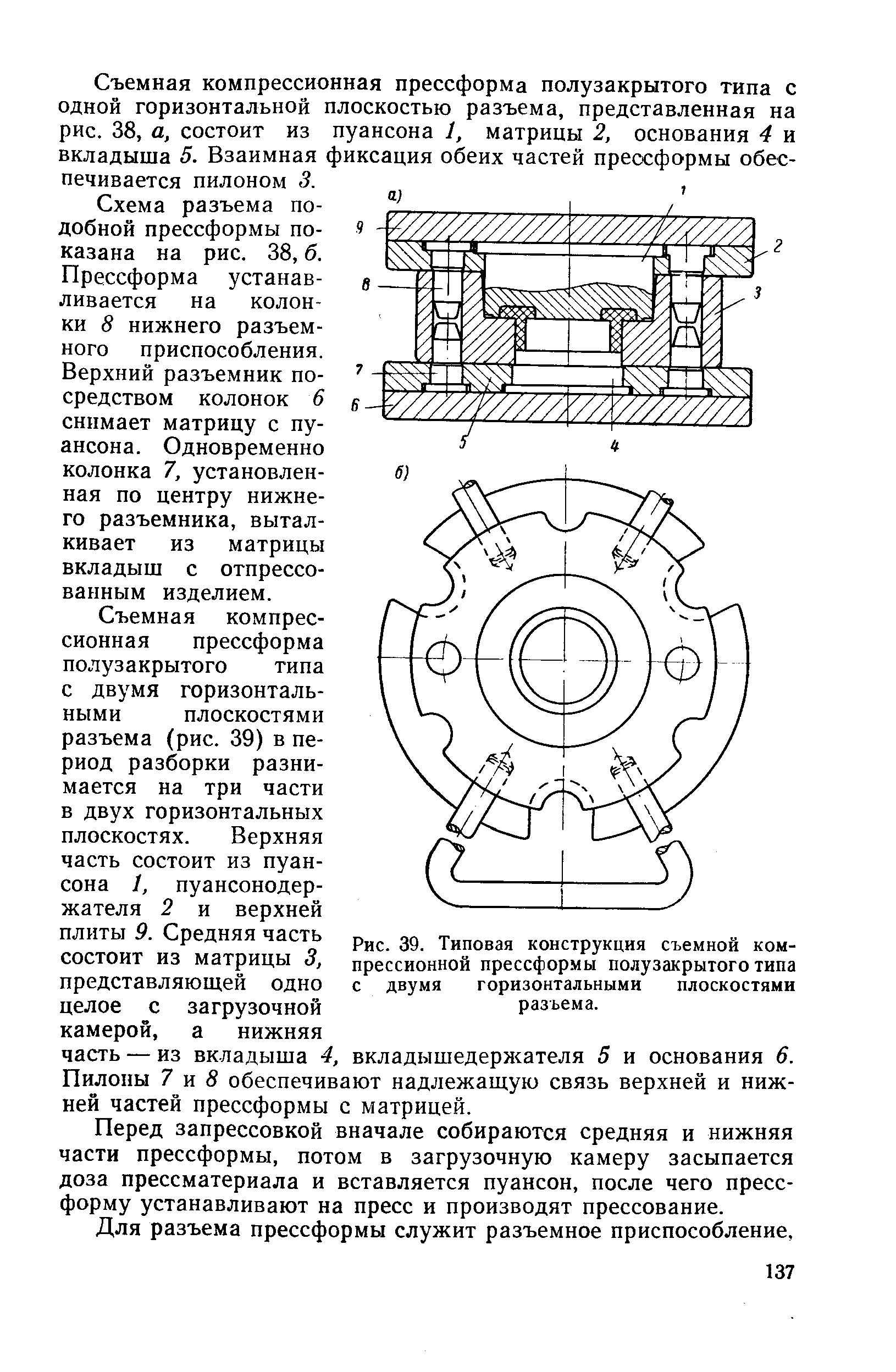 Рис. 39. Типовая конструкция съемной компрессионной прессформы полузакрытого типа с двумя горизонтальными плоскостями разъема.
