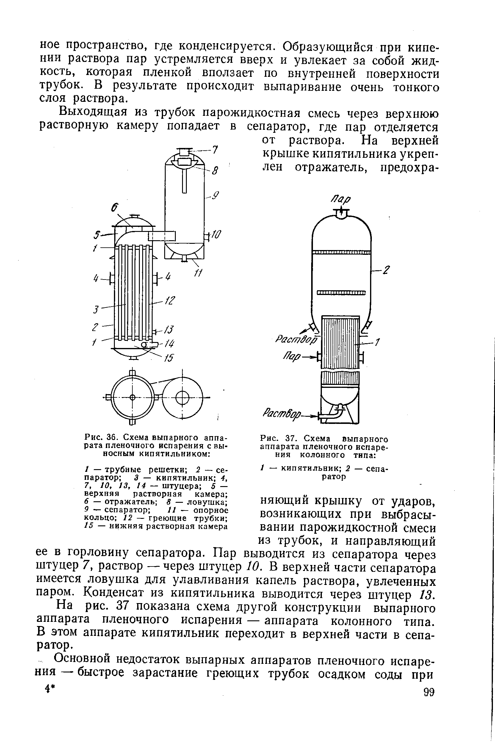 Рис. 37. Схема выпарного аппарата пленочного испарения колонного типа 

