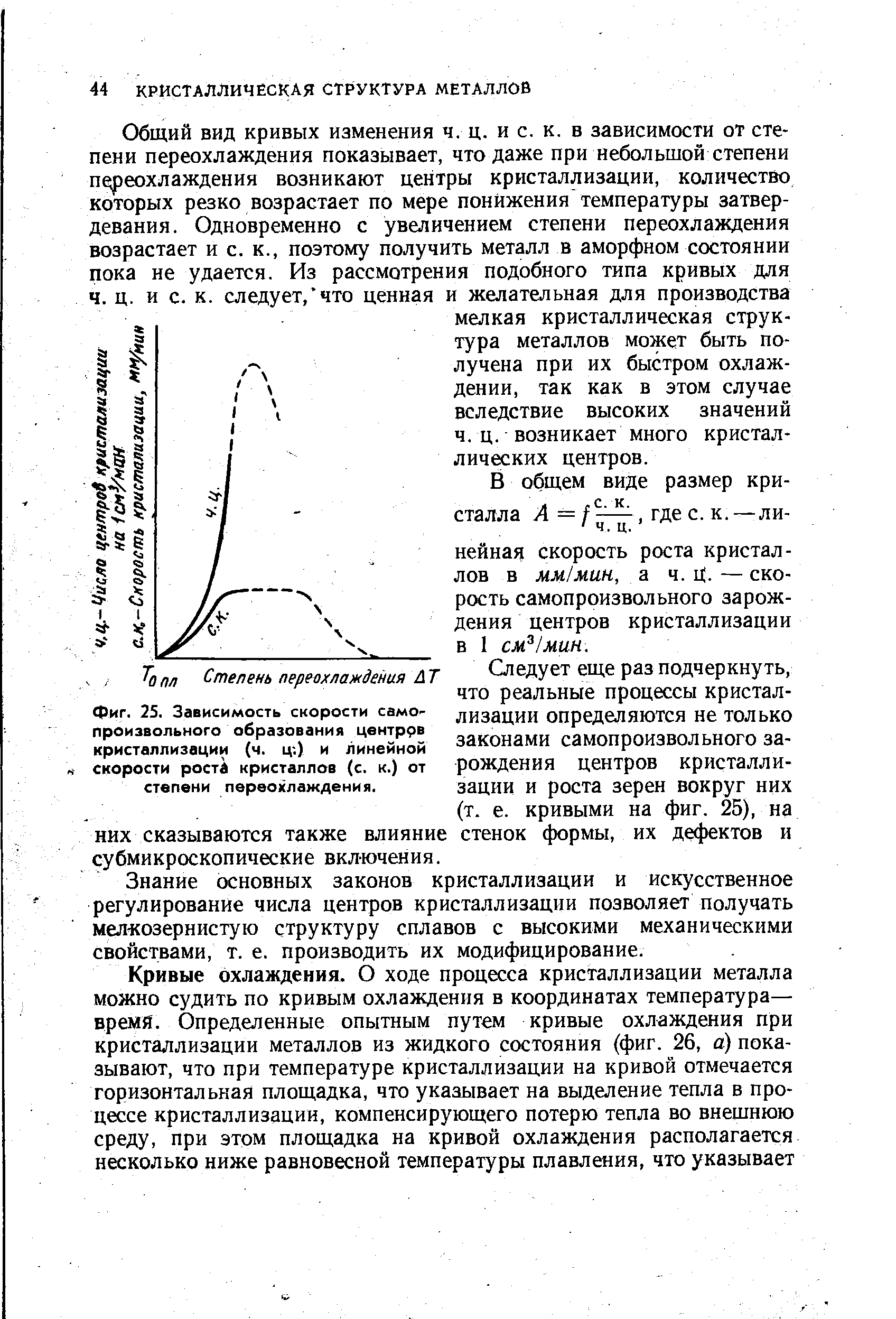 Фиг. 25. Зависимость скорости самопроизвольного образования центррв кристаллизации (ч. ц-.) и <a href="/info/2002">линейной скорости</a> ростд кристаллов (с. к.) от степени переохлаждения.
