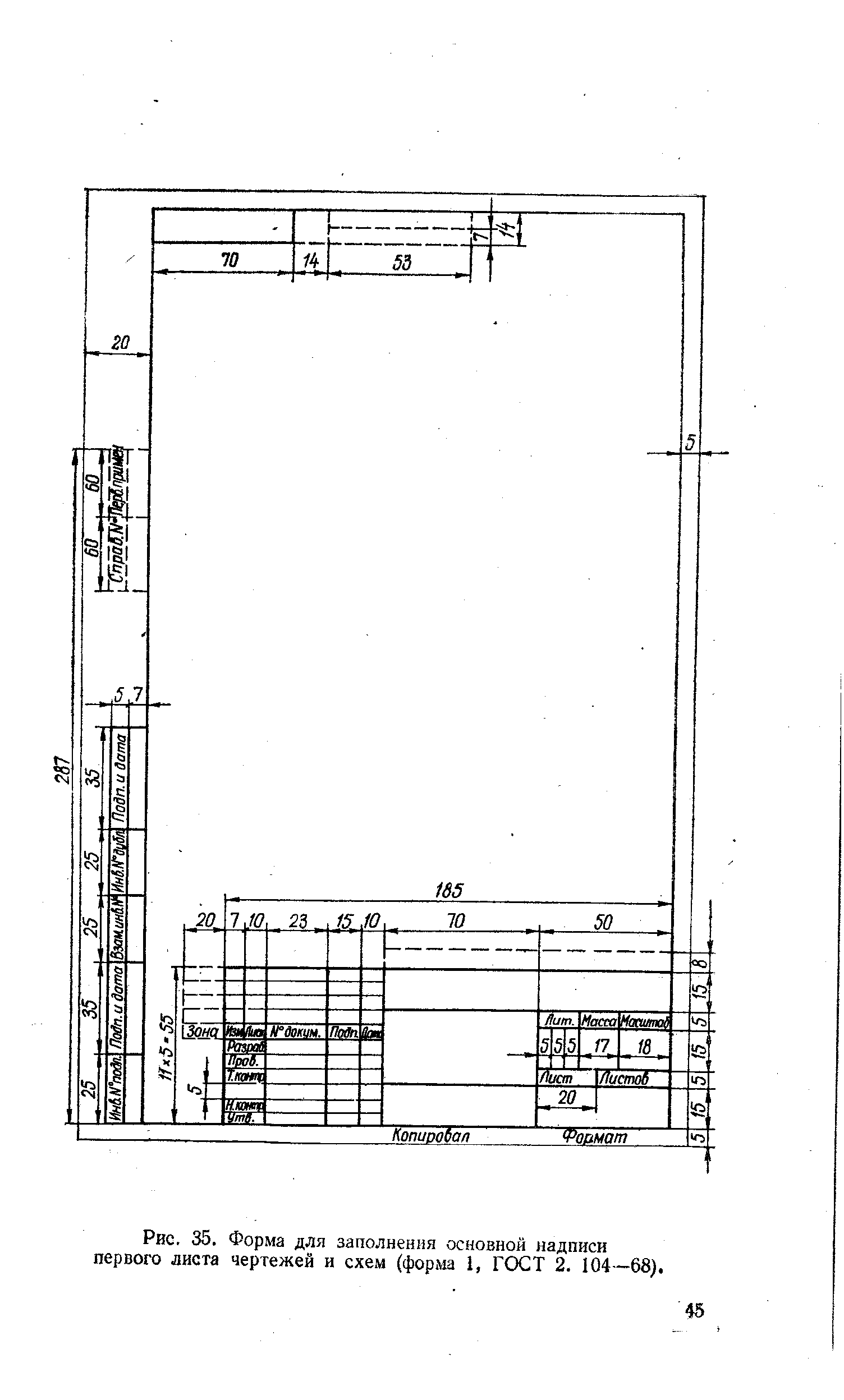 Рис. 35. Форма для заполнения основной надписи первого листа чертежей и схем (форма 1, ГСХ Т 2. 104—68).
