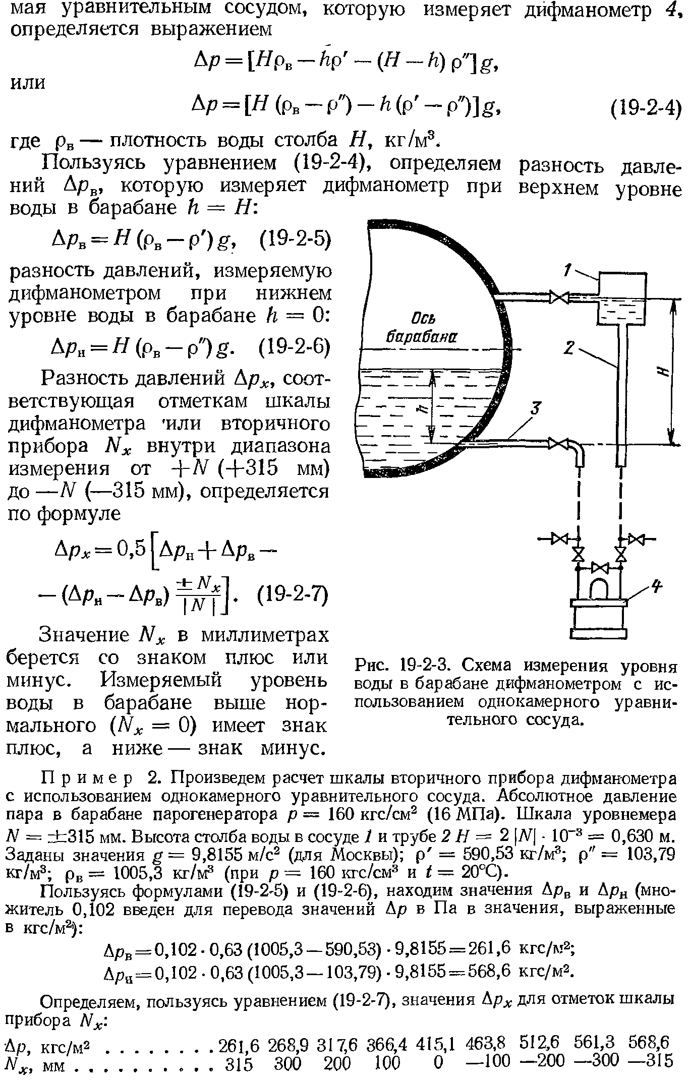 Рис. 19-2-3. <a href="/info/672388">Схема измерения</a> уровня воды в барабане дифманометром с использованием однокамерного уравнительного сосуда.
