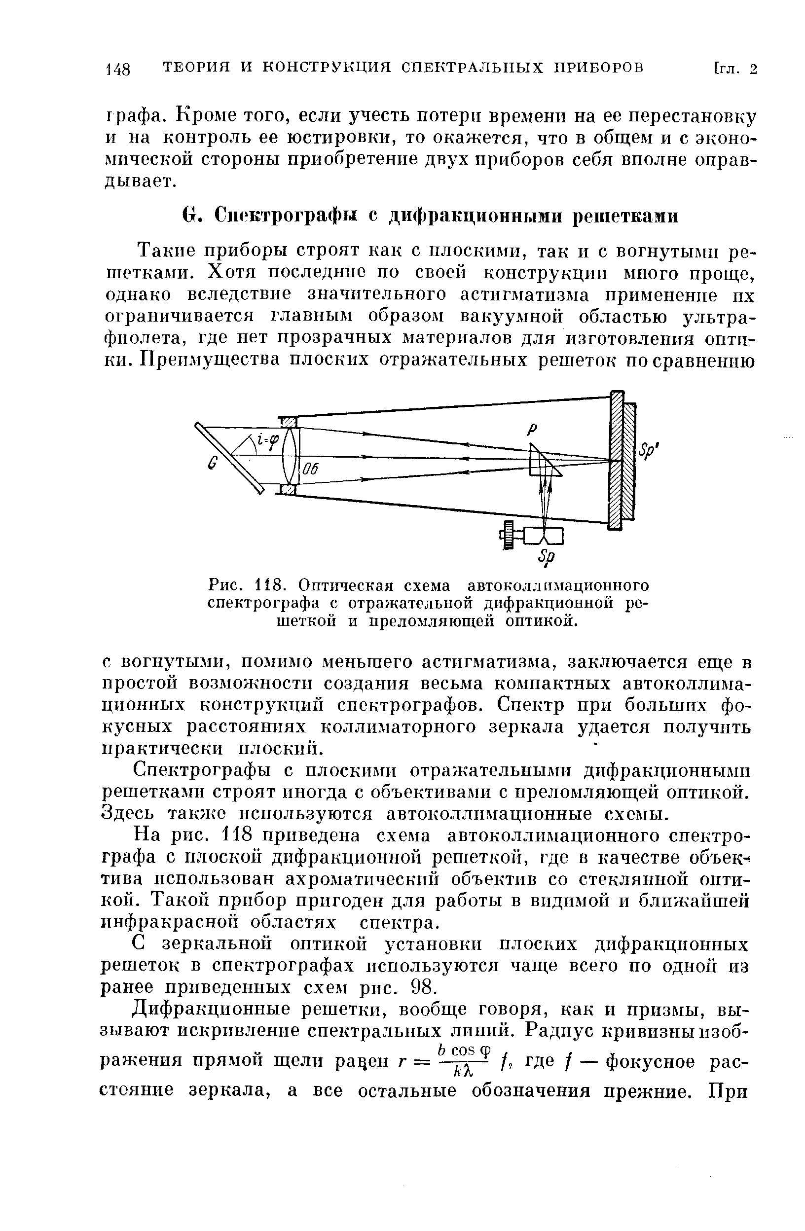 Рис. 118. Оптическая схема автоколлимационного спектрографа с отражательной дифракциопной решеткой и преломляющей оптикой.
