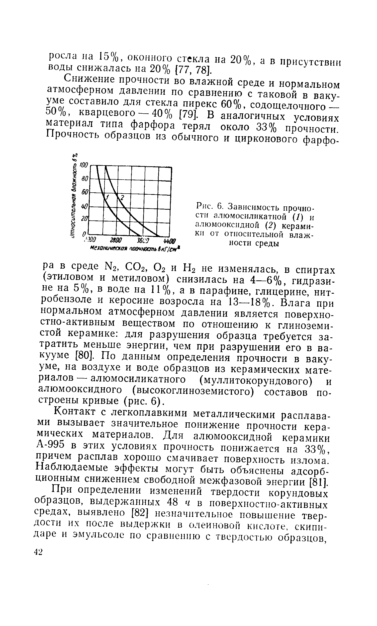 Рис. 6. Зависимость прочности алюмосиликатной (1) и алюмооксидной (2) керамики от <a href="/info/716">относительной влажности</a> среды
