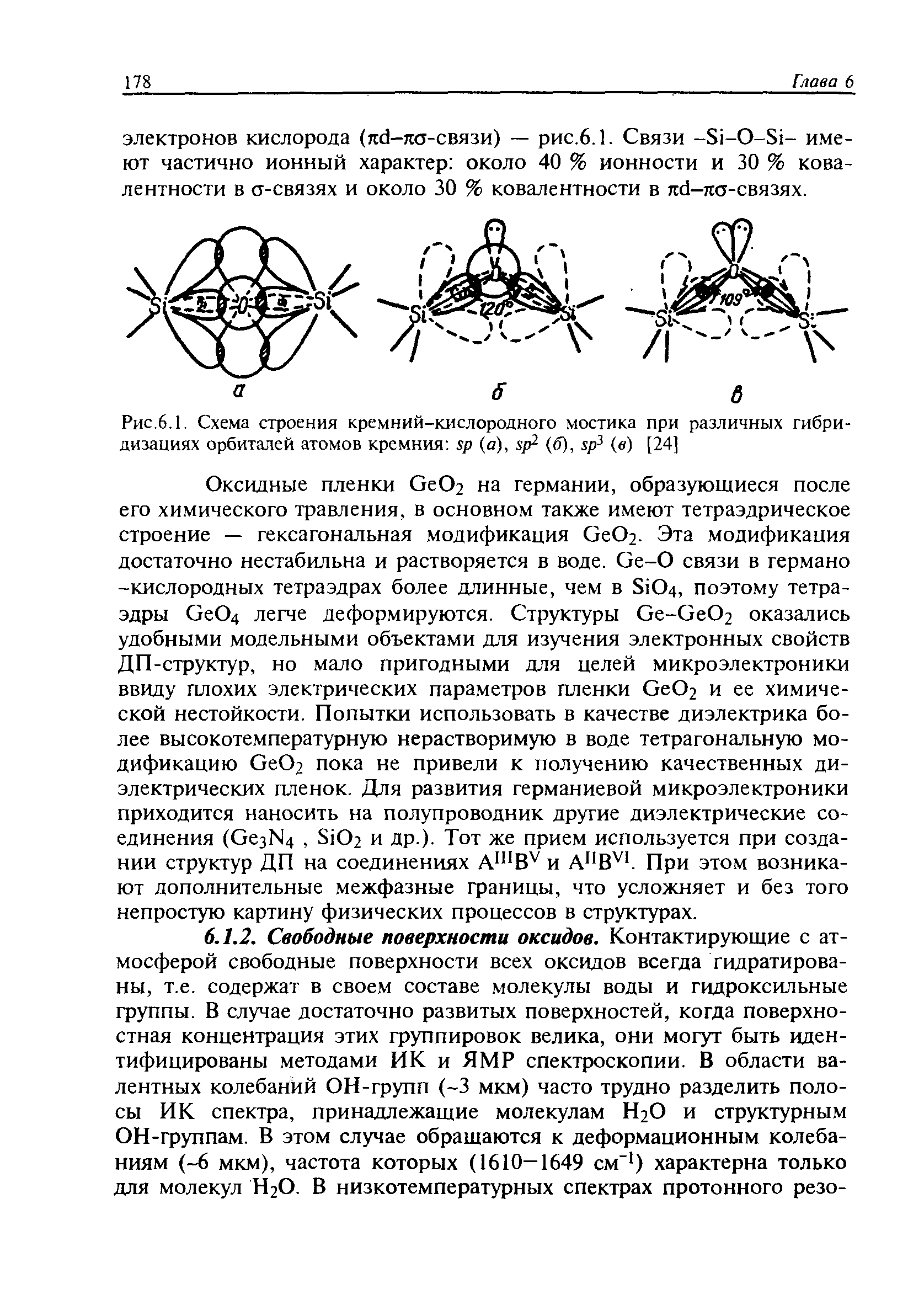 Рис.6.1. Схема строения кремний-кислородного мостика при различных гибридизациях орбиталей атомов кремния sp (а), sp (б), sp (в) [24]
