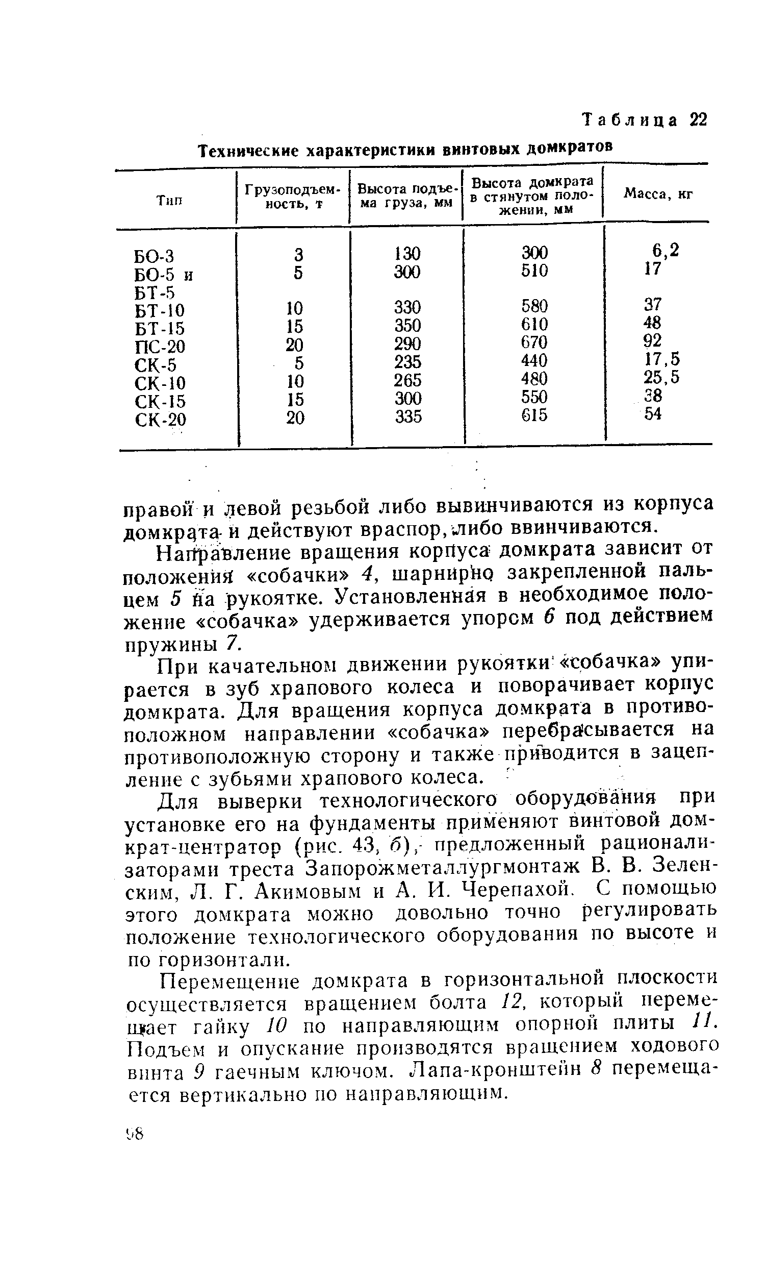 Таблица 22 Технические <a href="/info/235522">характеристики винтовых</a> домкратов
