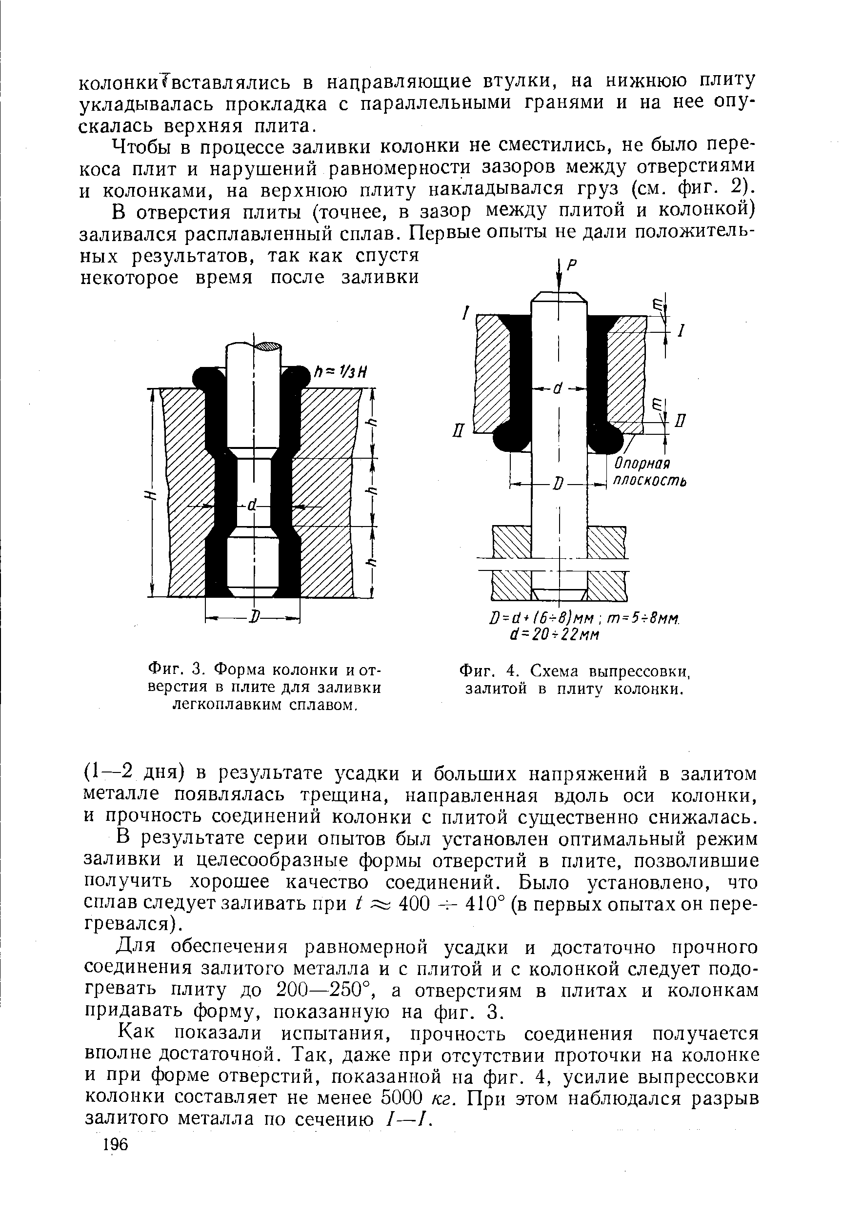 Фиг. 3. Форма колонки и отверстия Б плите для заливки легкоплавким сплавом.
