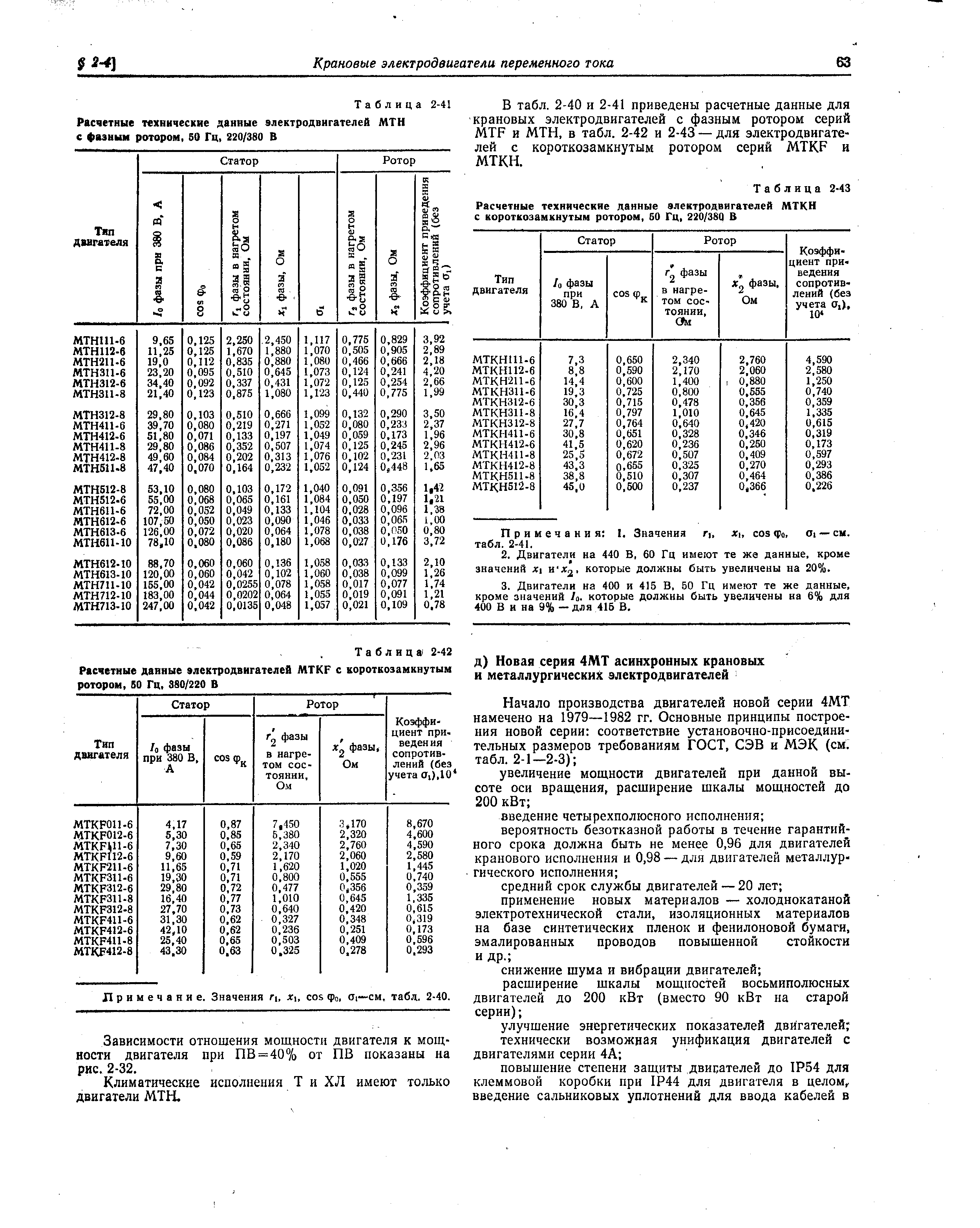 Таблица 2-41 Расчетные технические данные электродвигателей МТН с фазным ротором, 50 Гц, 820/380 В
