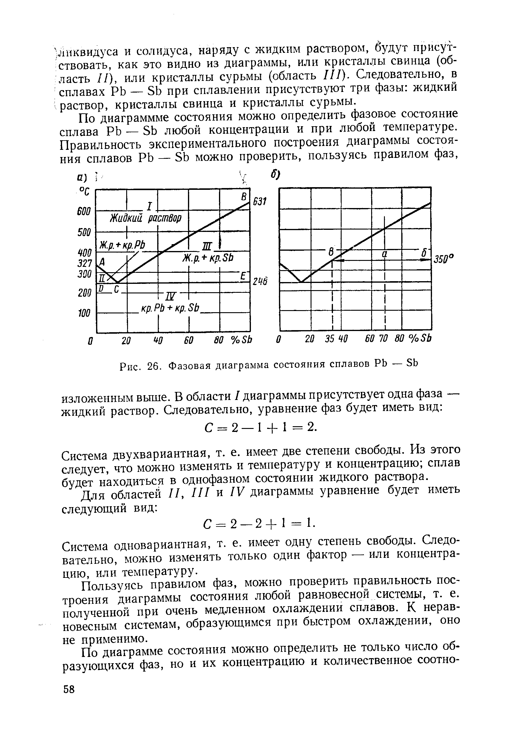 Рис. 26. Фазовая диаграмма состояния сплавов РЬ — Sb
