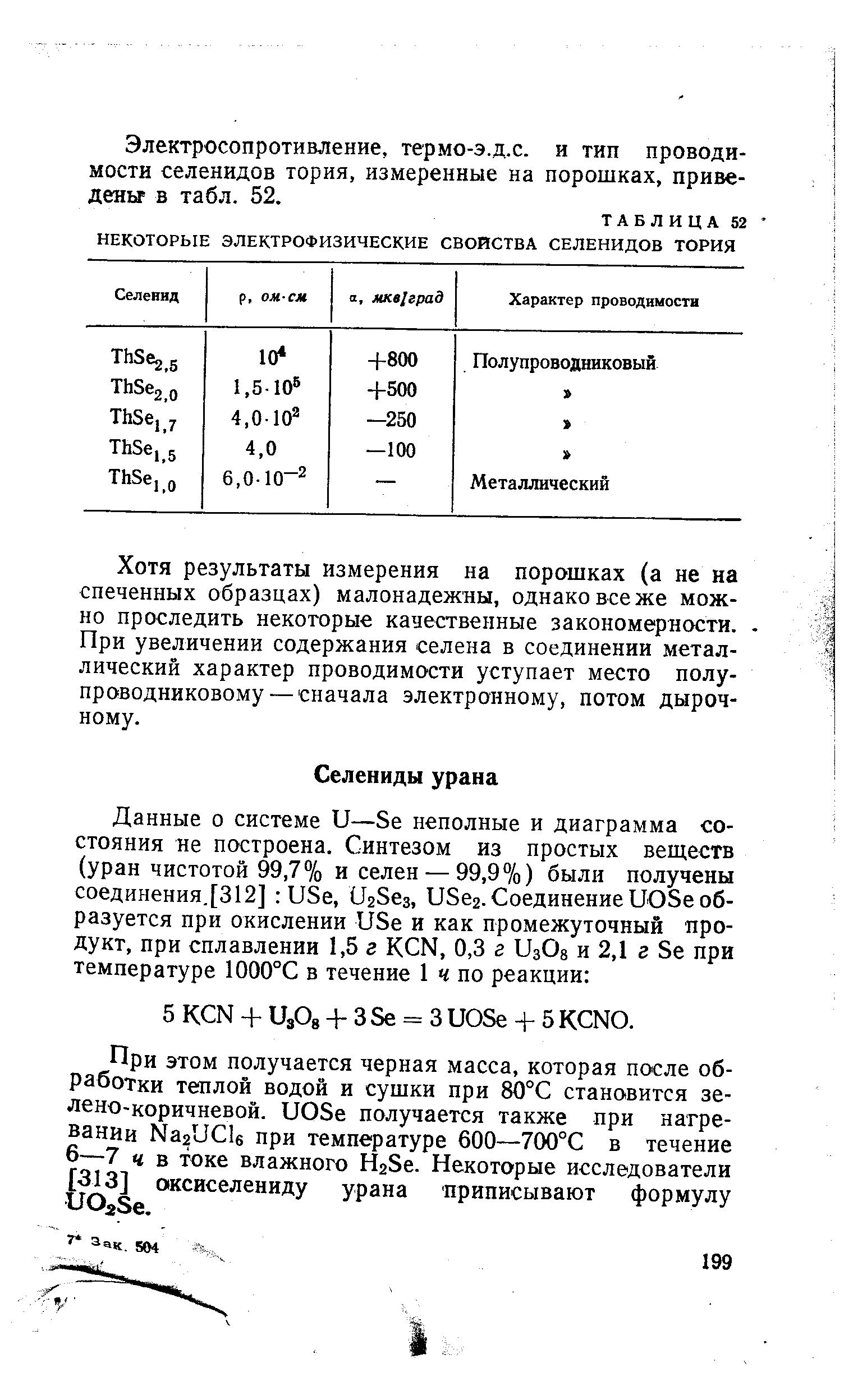 Электросопротивление, термо-э.д.с. и тип проводимости селенидов тория, измеренные на порошках, приведены в табл. 52.
