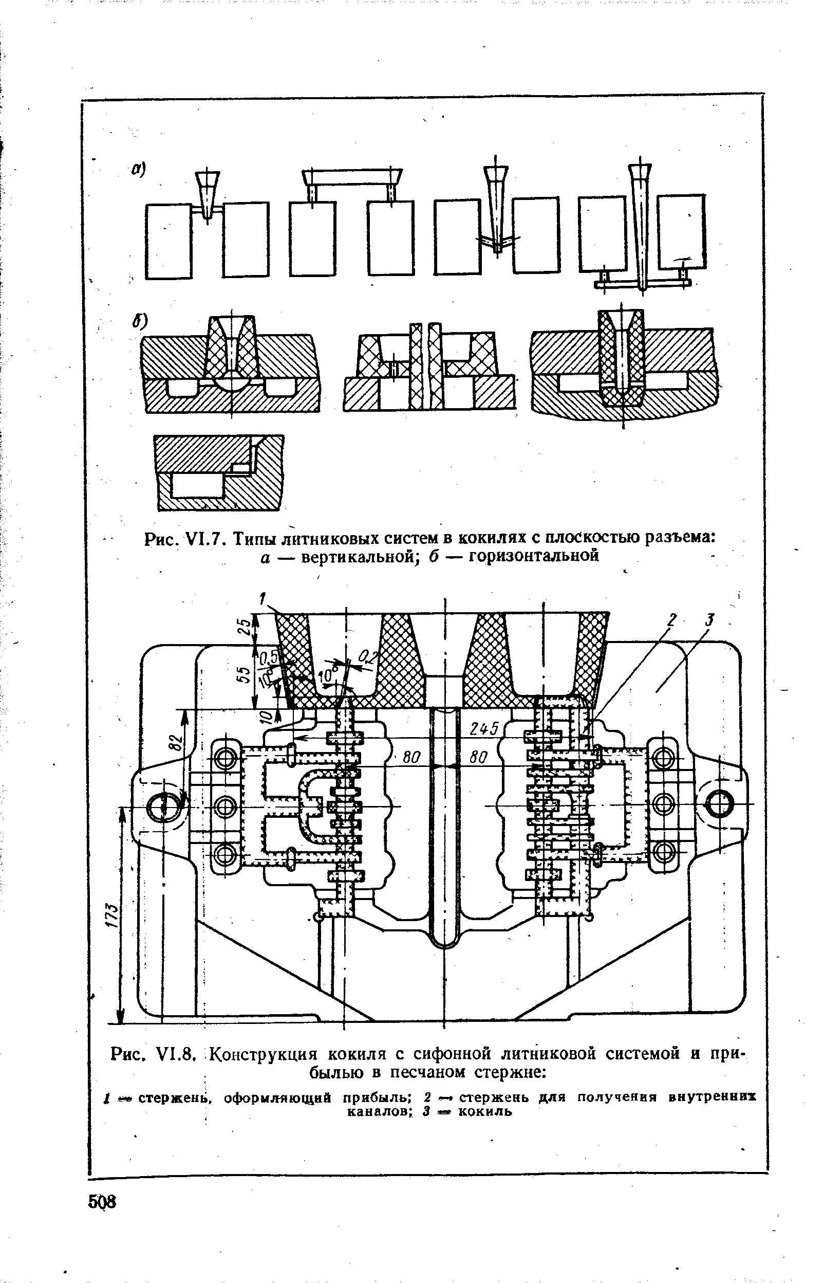 Рис. VI.7. Типы литниковых систем в кокилях с плоскостью разъема а — вертикальной б — горизонтальной
