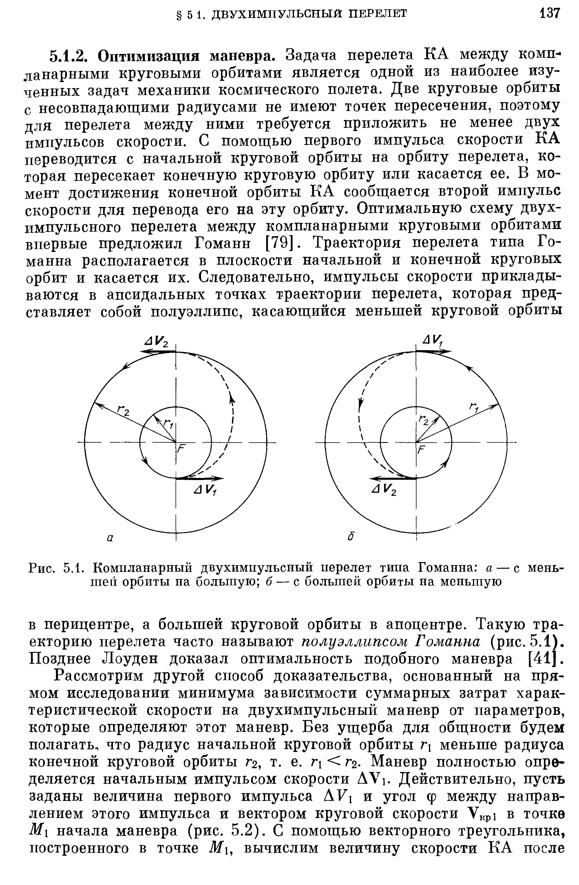 Рис. 5.1. Компланарный двухимпульсный перелет типа Гоманна а — с меньшей орбиты на большую б — с большей орбиты на меньшую
