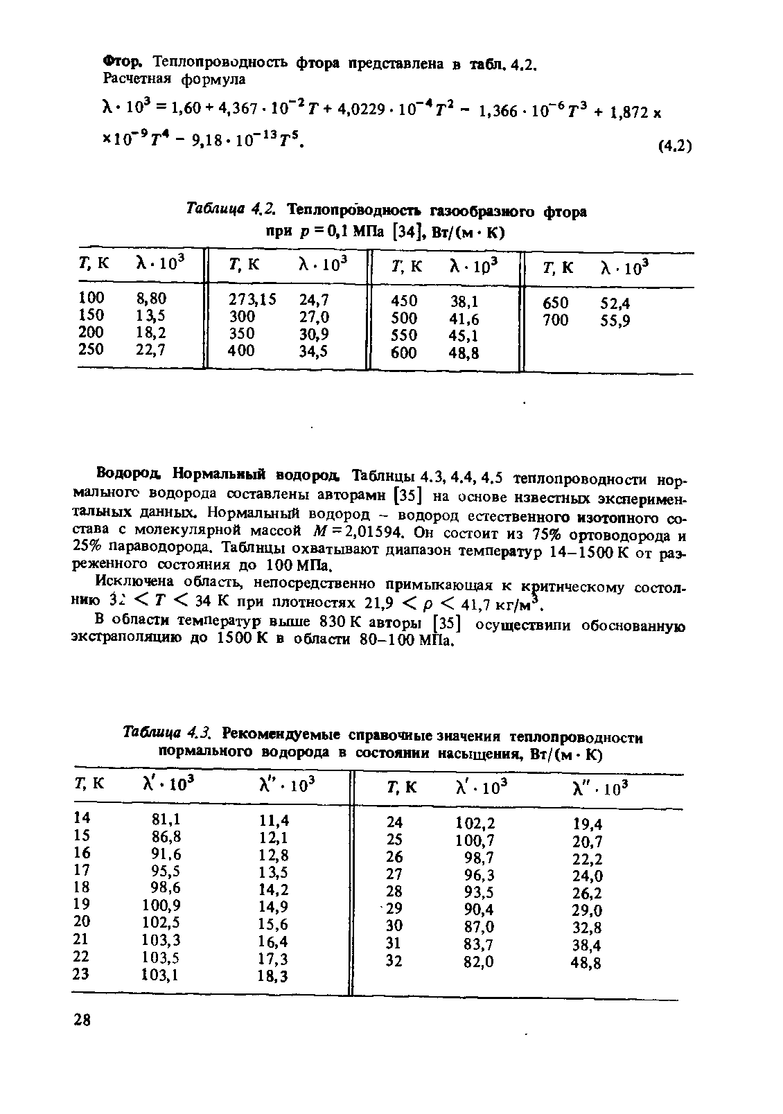 Таблица 4.2. Теплопроводность газообразного фтора при р = 0,1 МПа [34], Вт/(м К)
