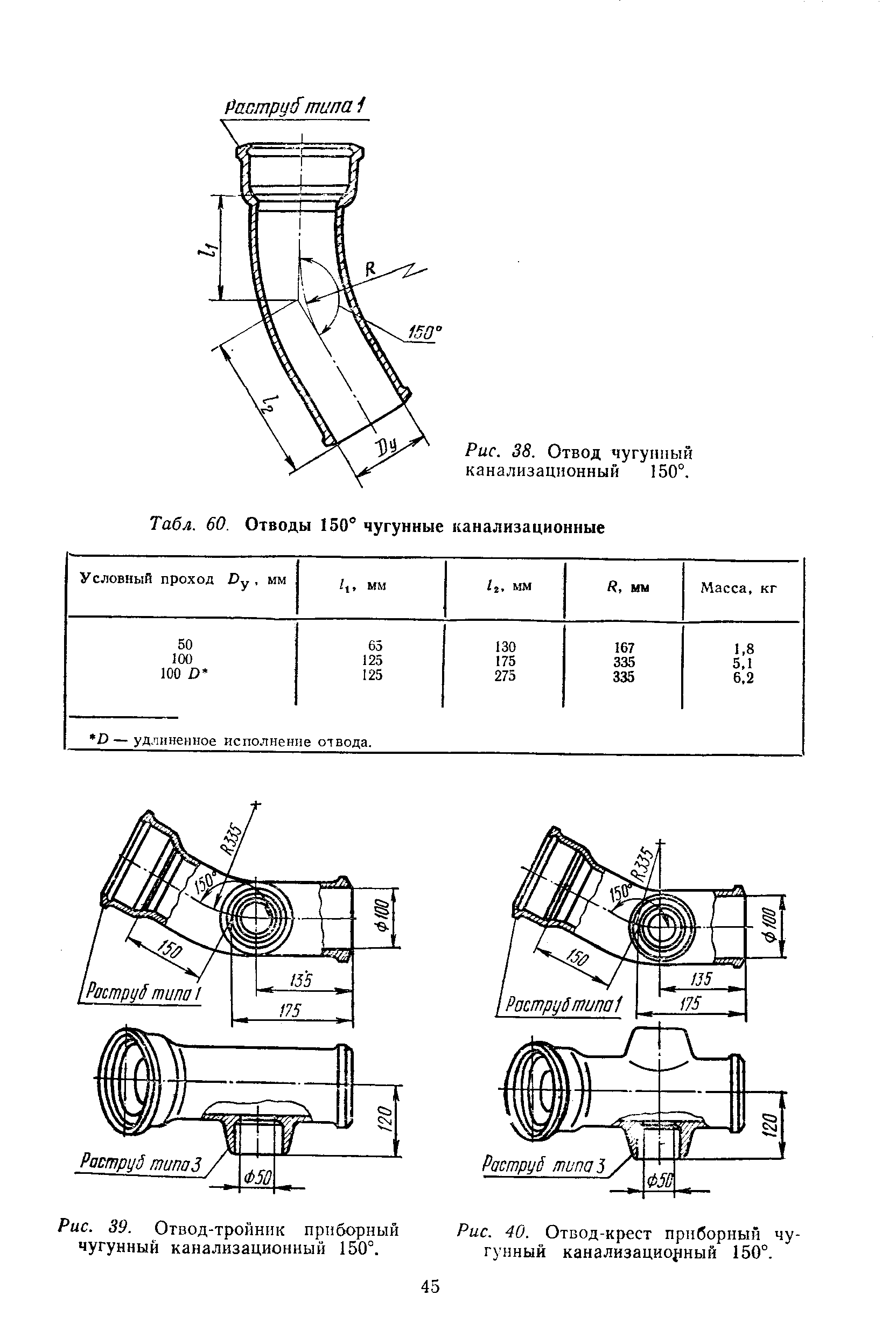 Рис. 39. Отвод-тройник приборный чугунный канализационный 150°.
