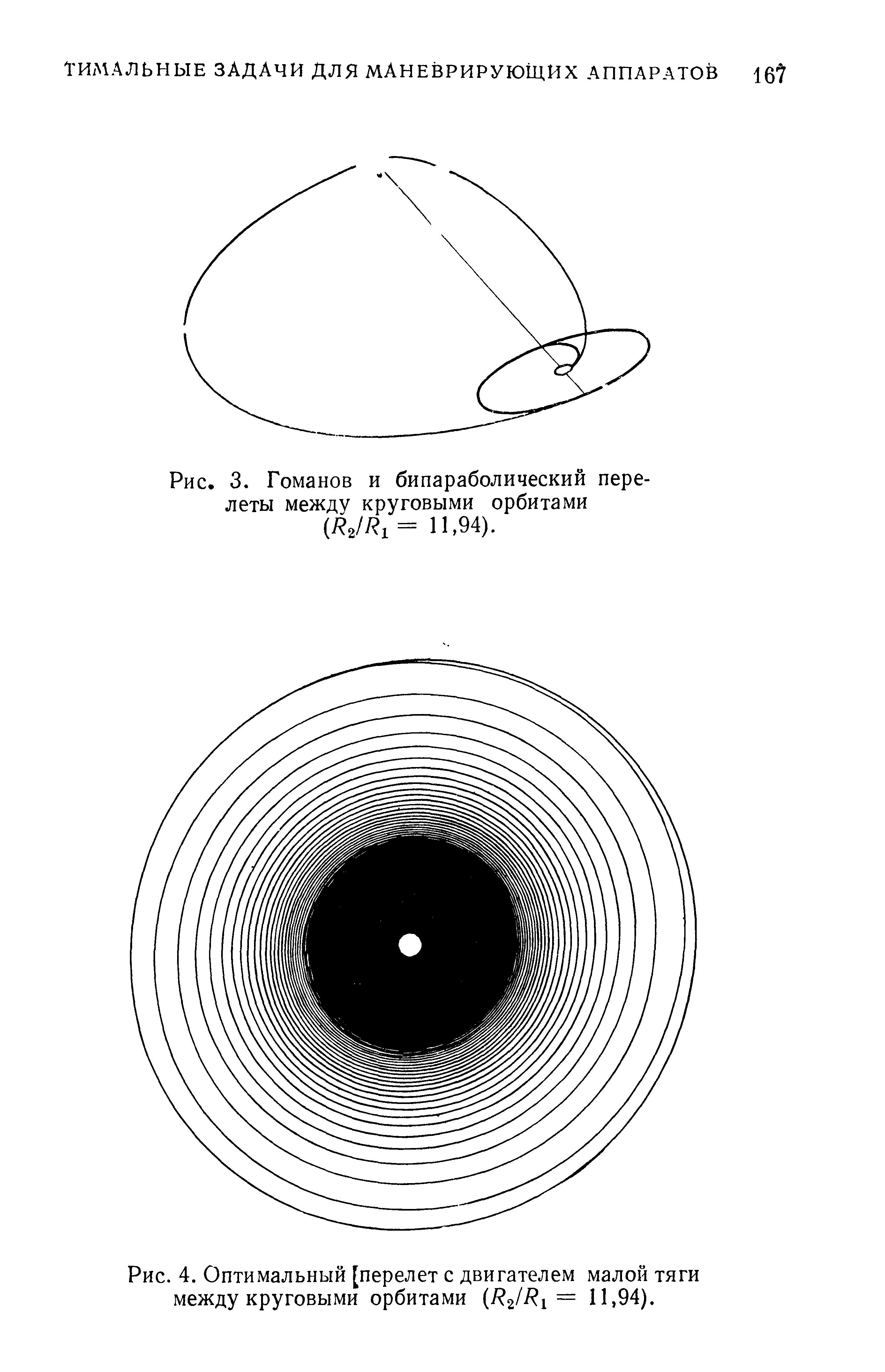 Рис. 3. Гоманов и бипараболический перелеты между круговыми орбитами
