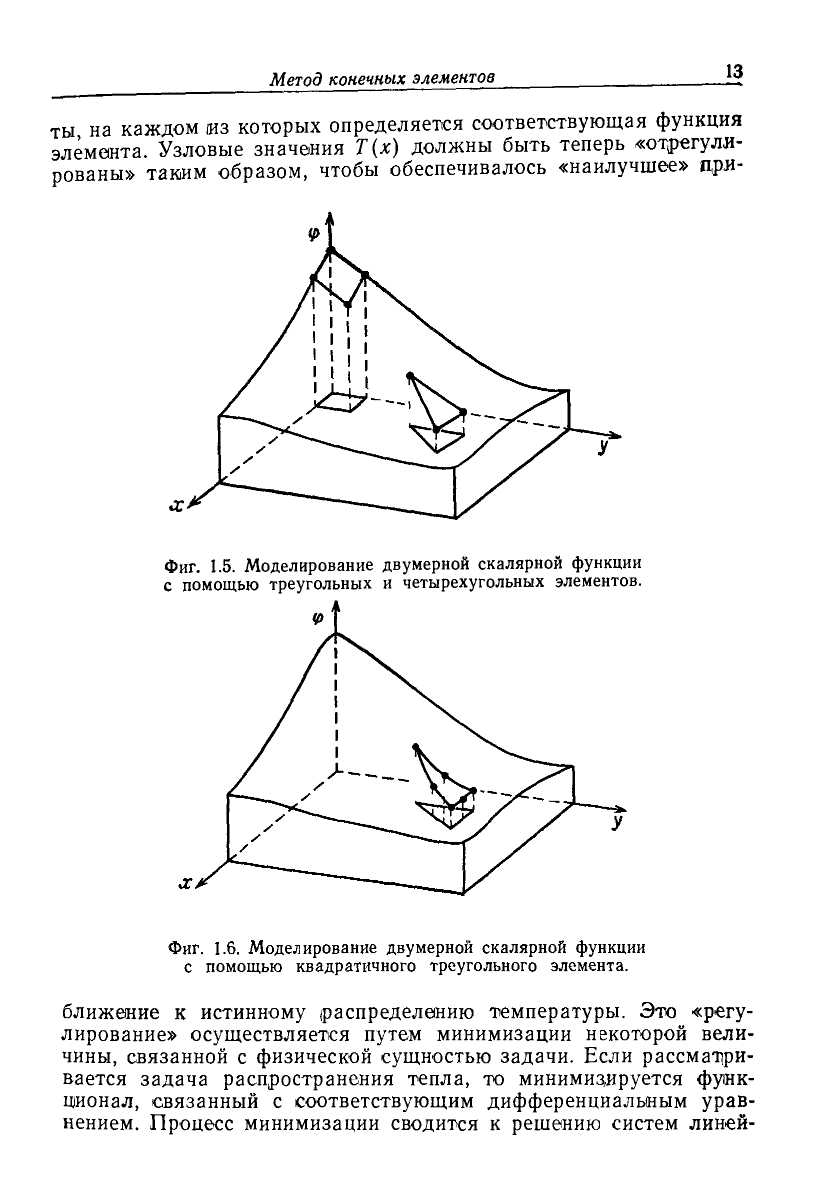 Фиг. 1.5. Моделирование двумерной скалярной функции с помощью треугольных и четырехугольных элементов.
