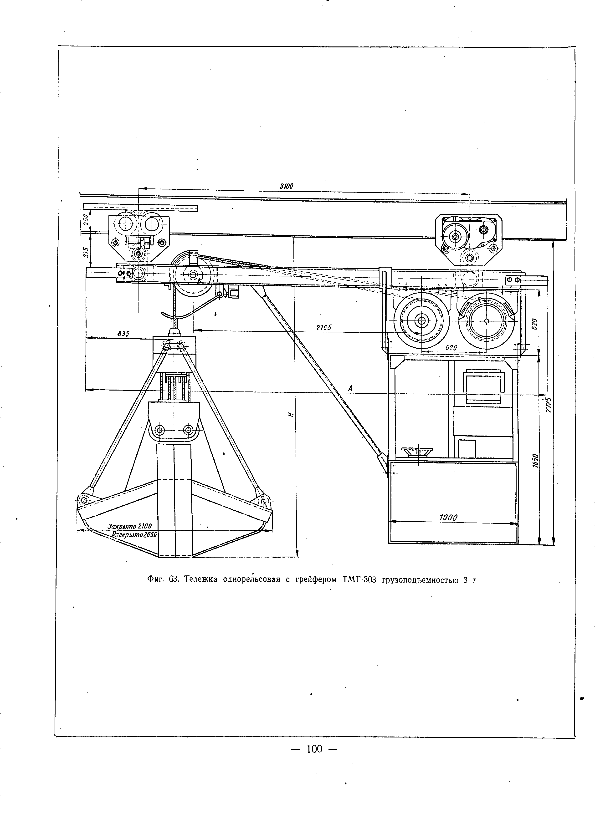Фиг. 63. Тележка однорельсовая с грейфером ТМГ-303 грузоподъемностью 3 т

