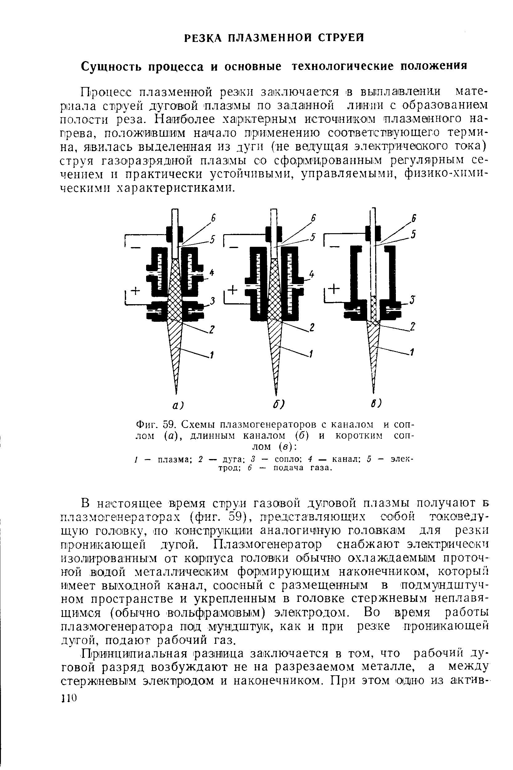 Фиг. 59. Схемы плазмогенераторов с каналом и соплом (а), длинным каналом (б) и коротким соплом (в) 
