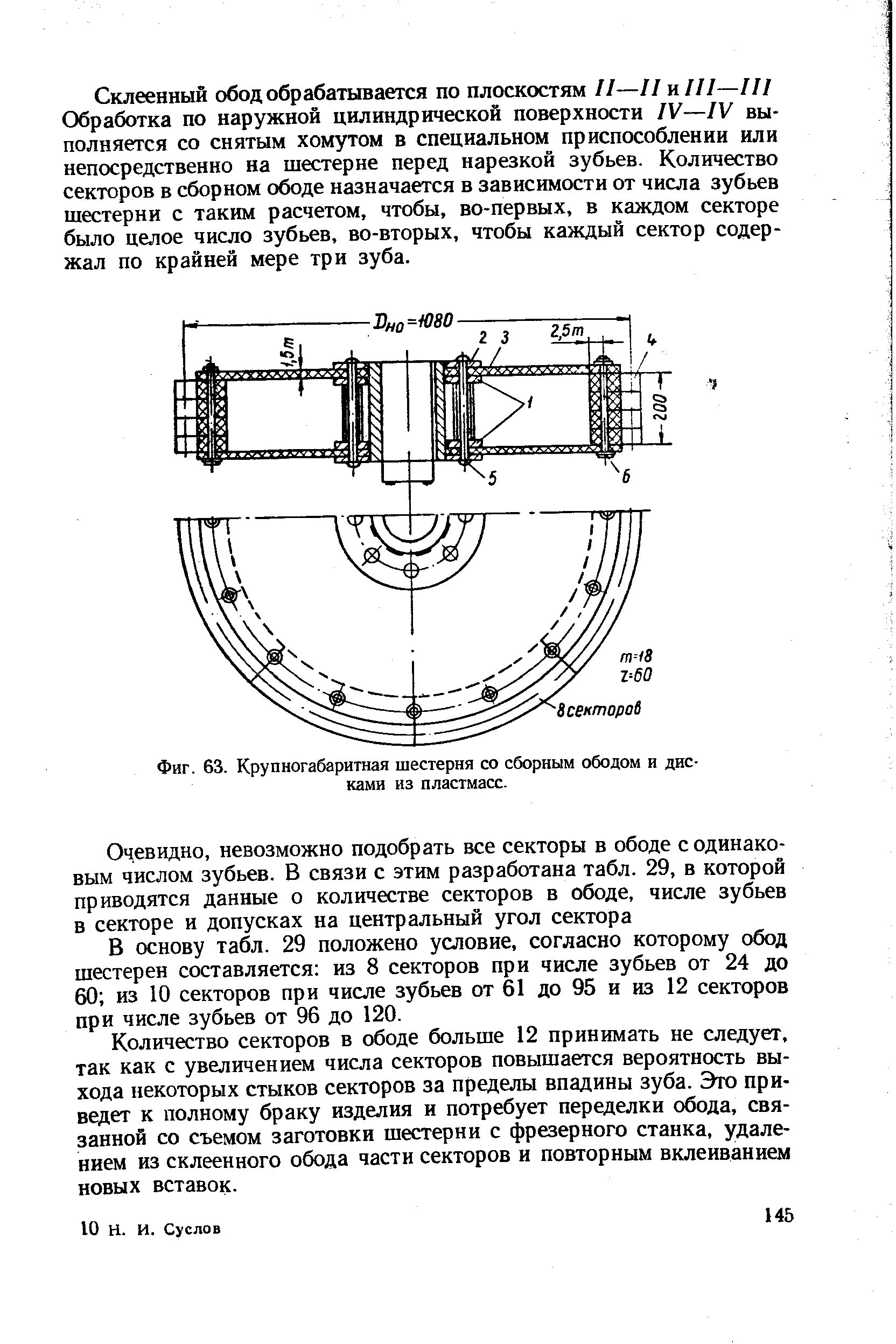 Фиг. 63. Крупногабаритная шестерня со сборным ободом и дисками из пластмасс.

