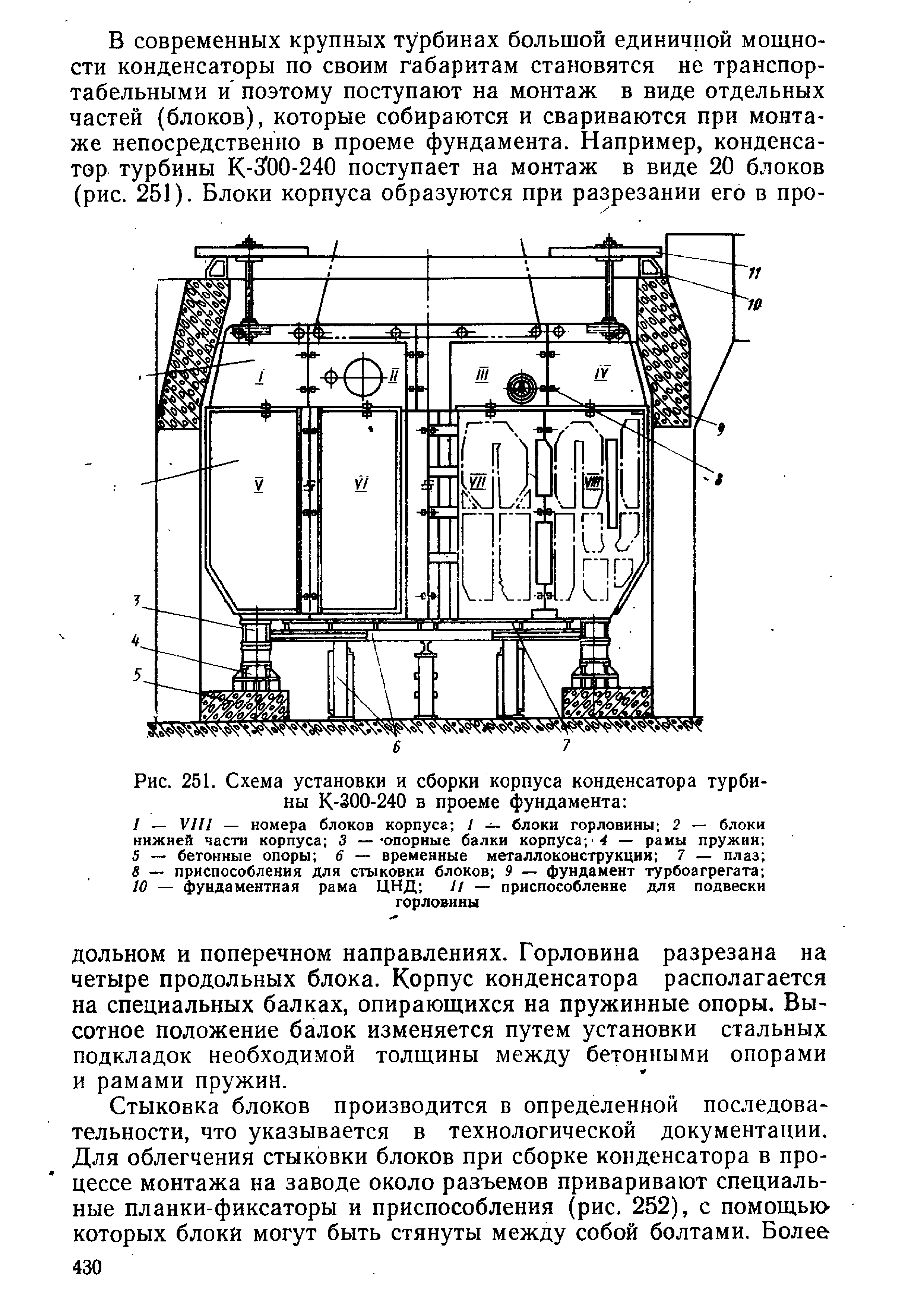 Рис. 251. Схема установки и сборки корпуса конденсатора турбины К-300-240 в проеме фундамента 

