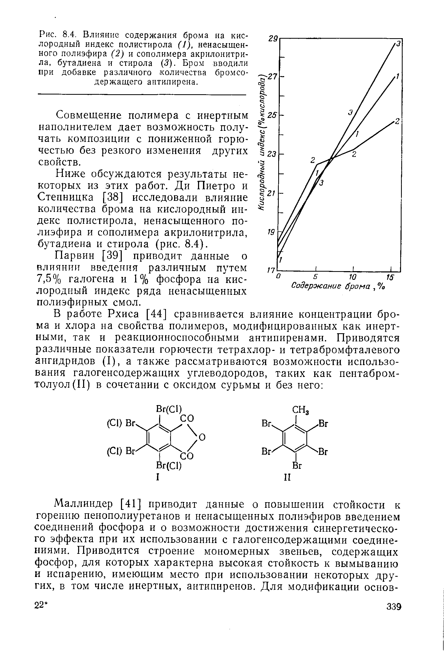 Рис. 8.4. Влияние содержания брома на кислородный индекс полистирола (1), <a href="/info/190656">ненасыщенного полиэфира</a> (2) и сополимера акрилонитри-ла, бутадиена и стирола (3). Бром вводили при добавке различного количества бромсодержащего антипирена.
